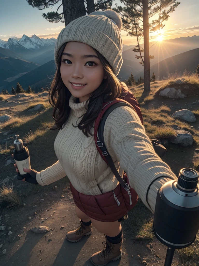 1 woman, ((upper body selfie, happy)), masterpiece, best quality, ultra detailed, alone, outdoors, (sunset), mountains, nature, (sun going down) cheerful, happy, backpack, sleeping bag, camping stove, water bottle, hiking boots, gloves, sweater, hat, flashlight, forest, rocks, river, wood, smoke, shadows, contrast, clear sky, analog style (look at viewer: 1.2) (skin texture) (film grain: 1.3), (warm tone, warm tone): 1.2), close-up, cinematic light, side lighting, ultra high resolution, best shadow, RAW, upper body, with jersey
