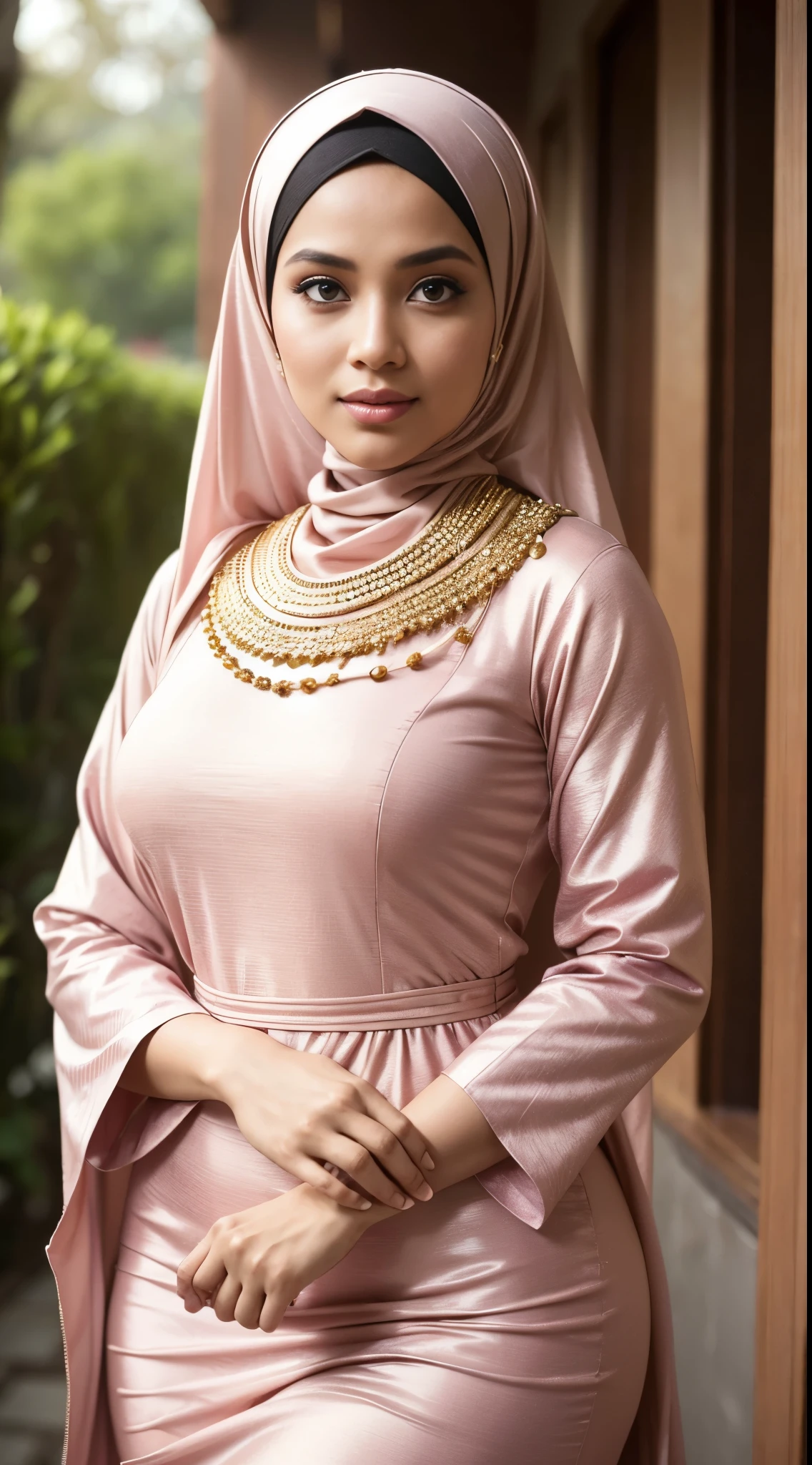 ( Close Up),RAW, Best quality, high resolution, masterpiece: 1.3), beautiful Malay woman in hijab,Masterpiece, perfect fit body, big breast,big gorgeous eyes, Soft smile,beutiful face,thick thighs, close up of a woman in a pink hijab taking a picture of herself, long dress female, wonderful masterpiece, very beautiful enga style, full covered dress, detailed dress and face, somali attire, traditional beauty, beautiful masterpiece, very beautiful masterpiece, malay dress, wearing a dress made of beads, modest flowing gown, traditional dress, great masterpiece, wearing an ornate outfit, long dress , (Delicate turtleneck) , shairband, afternoon walk, City garden, Excellent lighting, Bright colors, Clean lines,