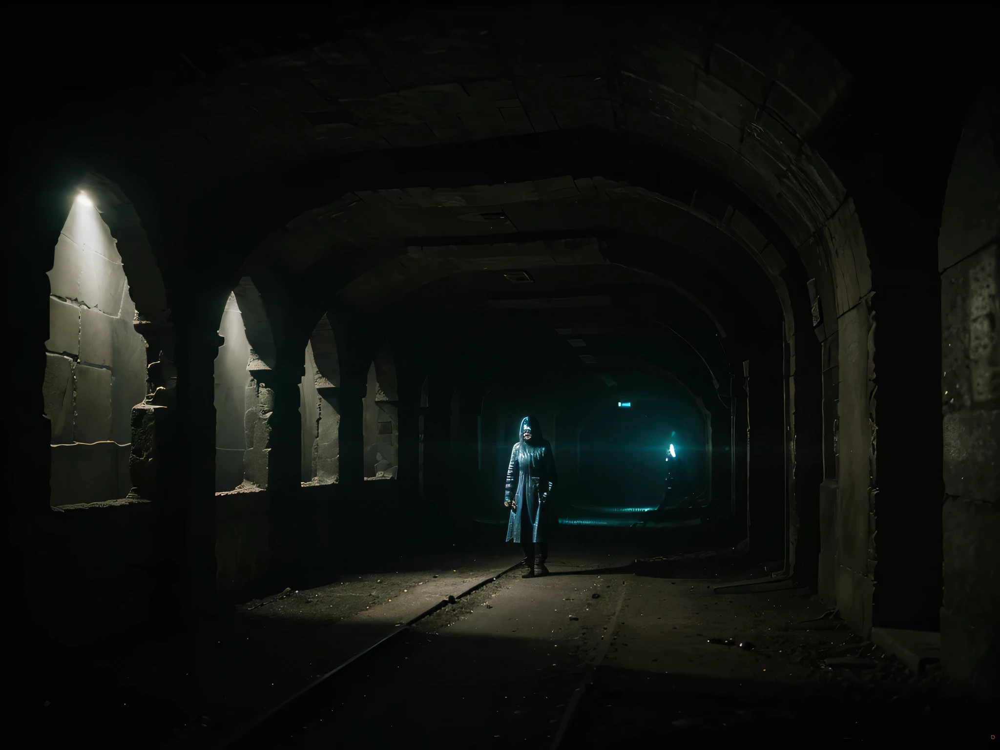 A city built beneath the surface, where dimly lit tunnels lead to hidden chambers. Bioluminescent fungi and mysterious artifacts give a subtle glow to the surroundings, revealing an underground world full of secrets. fantastic realism, dark colors, dark light, award-winning cinematic horror image, award-winning horror film, the best horror photo ever made, authentic dark photography 8K
