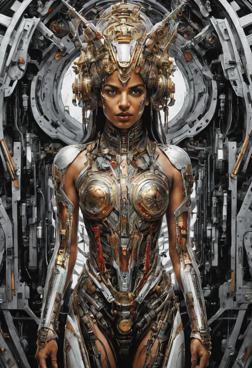 Futuristic native futurism,Actress Priyanka Chopra plays the high-level cybernetic cyborg, big breasts, the Japanese goddess of war, sensuality,Artistic details,Cyberpunk Hindu mythology,Epic science fiction fantasy, Centered,In the style of Nick Alm's fantasy futuristic fantasy works, Dark prism, Dark, Metal composition, symmetrical arrangements, Iridescent metallic , distinctive noses, Ethereal,Blood splattered multicolored, eye-catching metallic compositions, Symmetrical geometry, distinctive noses, gothic references, With bold lines and black stripes,White,Red, Gold and silver, Fantasy science fiction art, a detailed painting, ,Alex Alemanni merges with Carol Barker