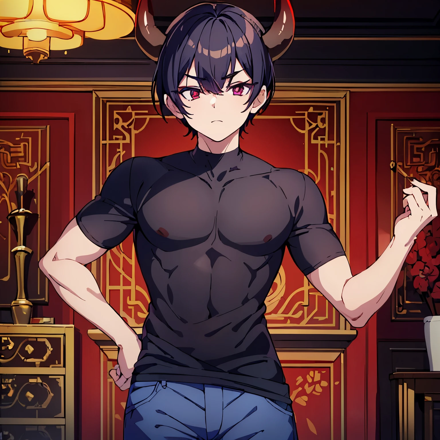 ((best quality)), ((masterpiece)), (detailed), perfect face1 boy;((best quality)), ((masterpiece)), (detailed), perfect face;shuten doji style; pretty face ; pretty boy, demon horns protruding out of forehead; black hair; lean physique wearing tight shirt;  standing in front of viewer