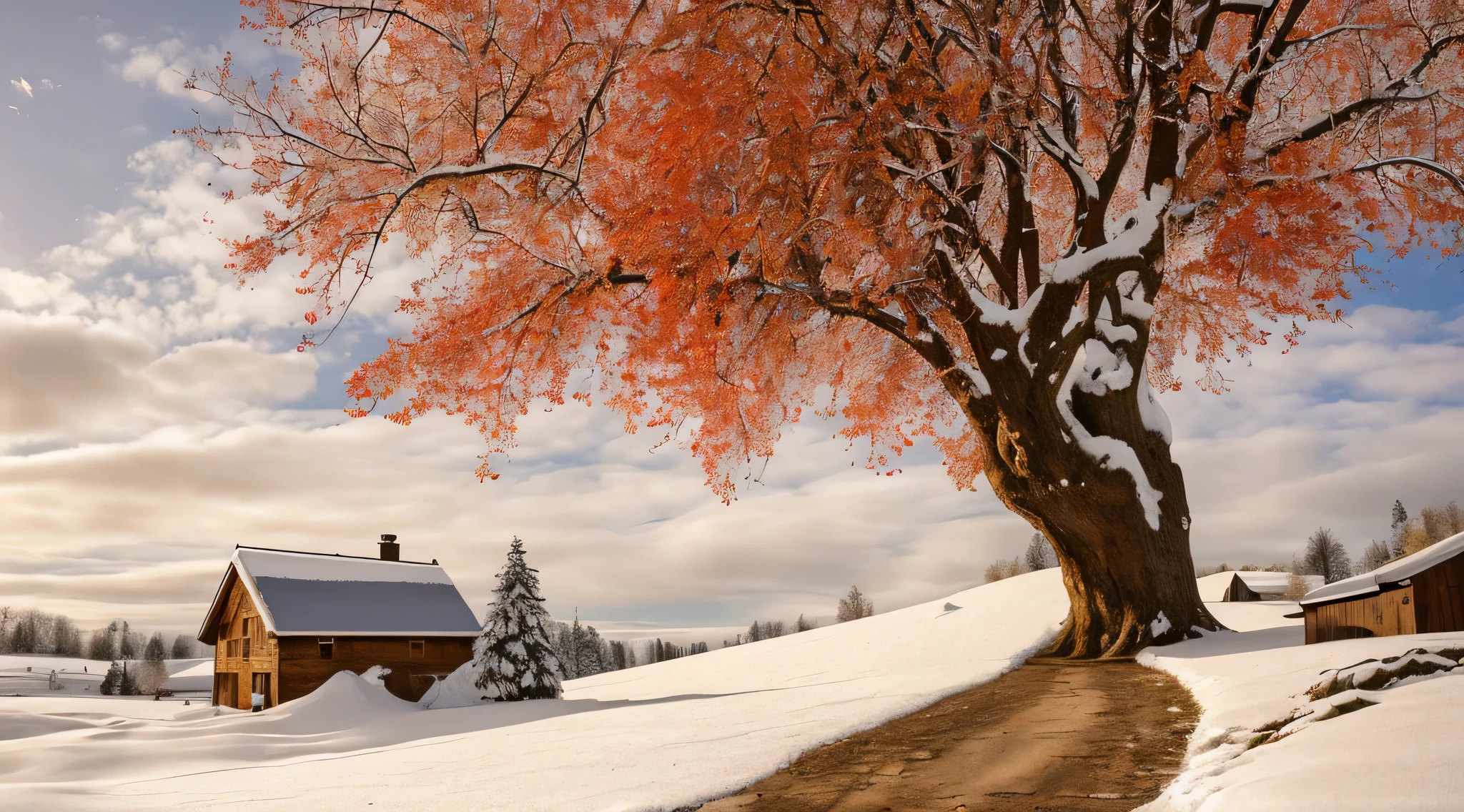 il y a un arbre debout dans la neige près d'une maison, Belle scène chaleureuse, de beaux arbres à couper le souffle, à couper le souffle - à couper le souffle de beaux arbres, fond d'écran HD, beautiful paysage enneigé, paysage de neige, avec de la neige recouverte de rouge coloré, belle région d'hiver, beauté du paysage naturel, beau fond d'écran, cadre hivernal, saison de l'automne, paysage enneigé, fin de l'automne, très beau paysage