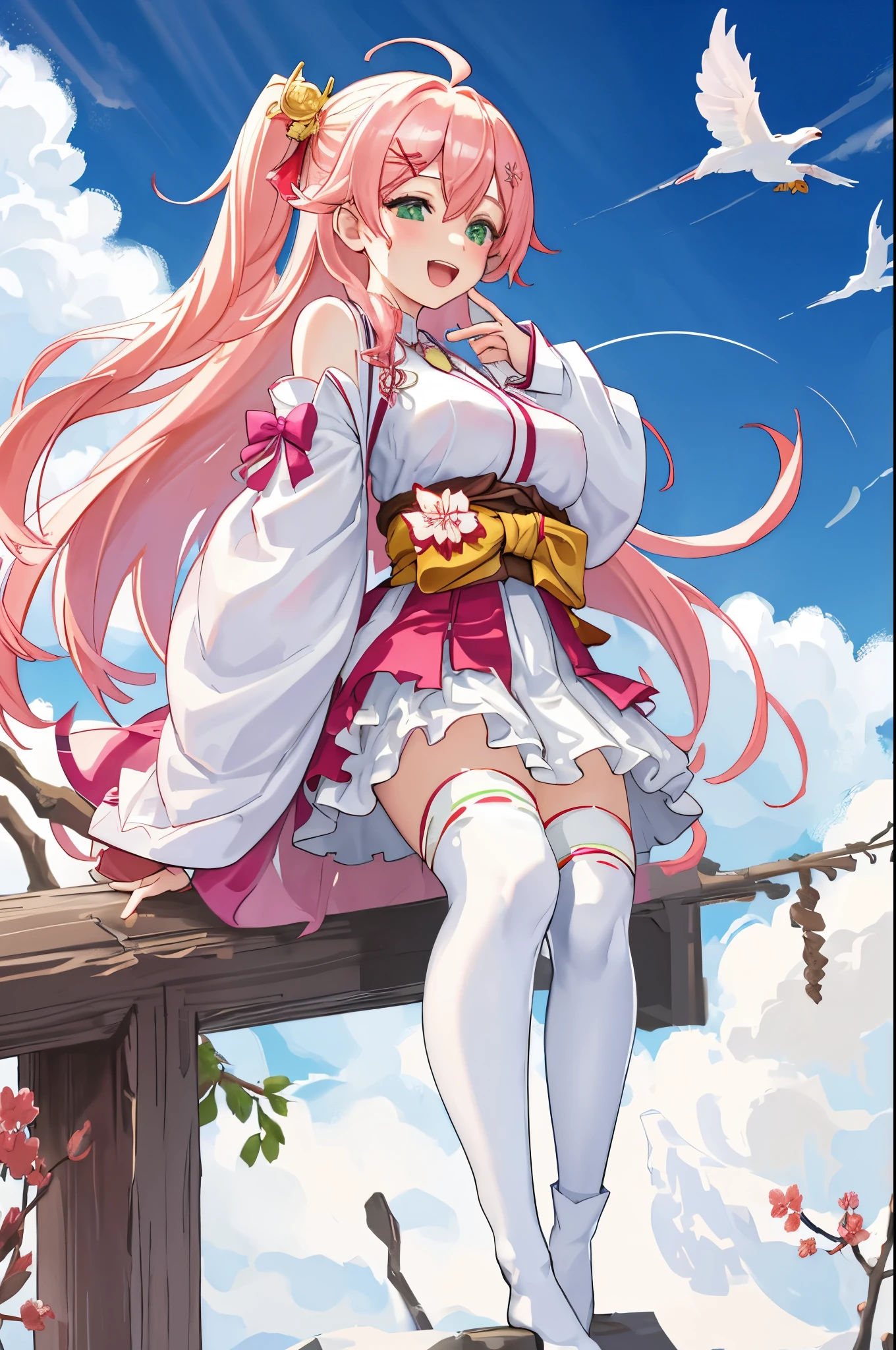 masterpiece, best quality, highres, sakura_miko, 1girl, (li:1.3),medium_breasts, kimono, solo, ahoge, x_hair_ornament, pink_hair, floral print, hairclip,(side_less_clothes:1.3), (side_breasts:1.3), hair_bell, floral print, long_hair, hair between eyes, one side up, white_thighhighs, wide sleeves, open_mouth,(happy:1.3),green_eyes,smile,apart_legs,(overly_long_sleeves:1.3),),sleeves_past_wrists,hands_hidden_sleeves,sidelock_clothes,solo,hidden_wrists,(XD:1.5),covered_nipples,sunlight,(bare_flank:1.3),boots,open_mouth,kimono,close_eyes,.