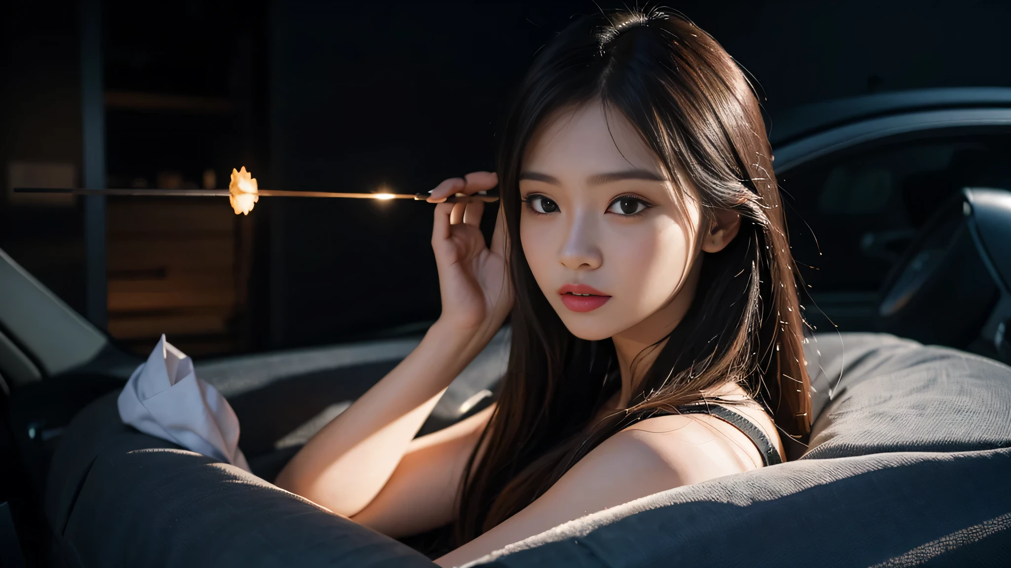 best qualtiy，tmasterpiece，超高分辨率，（真实感：1.4），RAW photogr，1girll，cropped shoulders，in the darkness nigth，deep shading，low tune，cold light，long whitr hair，Cold，Bust，huge tit