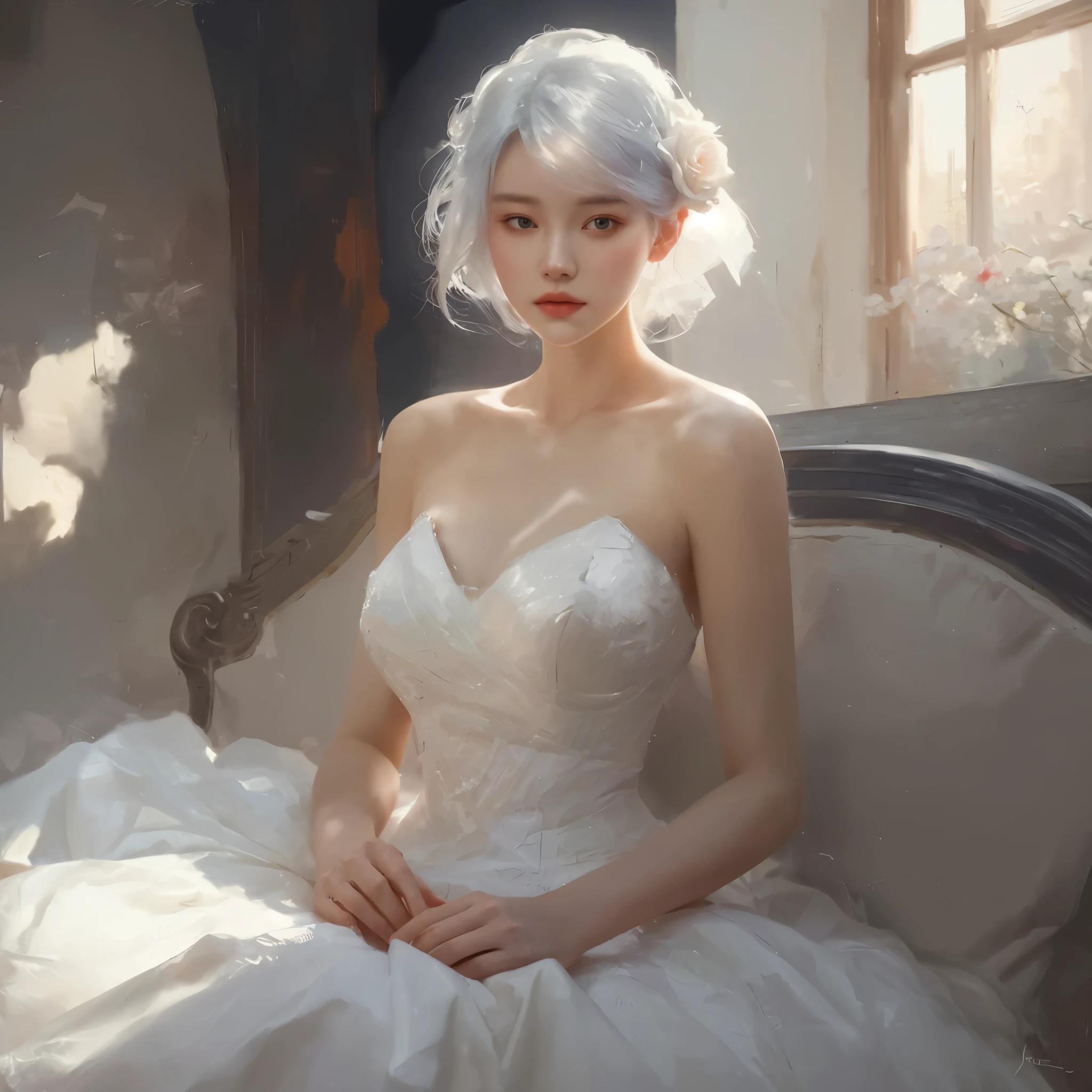 Painting of a woman in a white dress sitting on the sofa, The art of wlop, wop art, wlop style, guweiz, Jeremy Lipkin, by Yanjun Cheng, guweiz style artwork, wlop style, Krenzkushat, Wop and Rose Tran, Inspired by WLOP