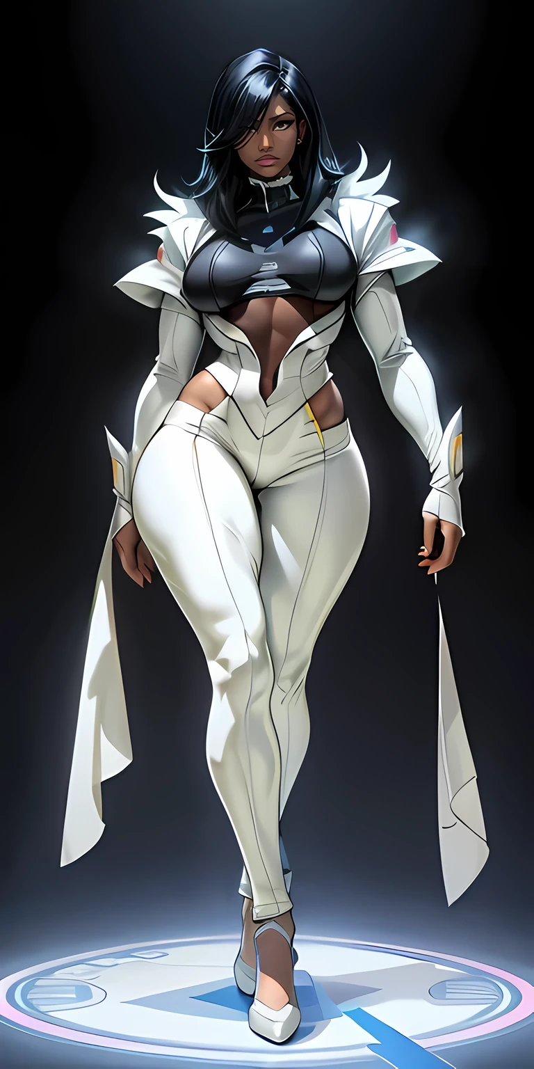 Nicki Minaj cosplaying as Emma Frost from Marvel, ((dark skin)), black hair, well-defined muscular legs, chubby physique, (((wide waist))), frontal, full-length, looking at the camera, facing the audience, standing pose, background, three-dimensional light, detailed full-body concept, sleek digital concept art, beautiful full-body concept art, art trend, CGsociety full-length,