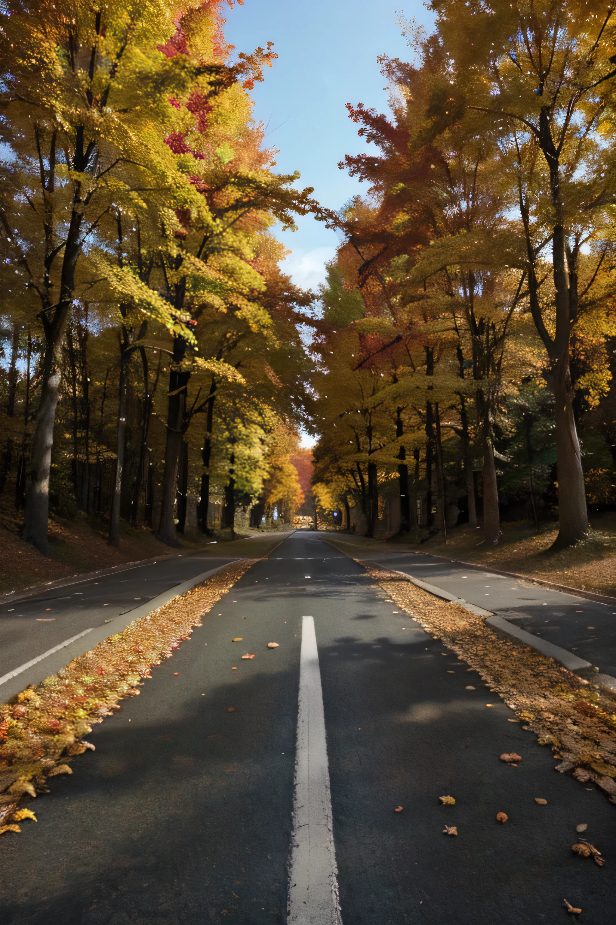 abstract road, autumn, lots of falling leaves, high contrast