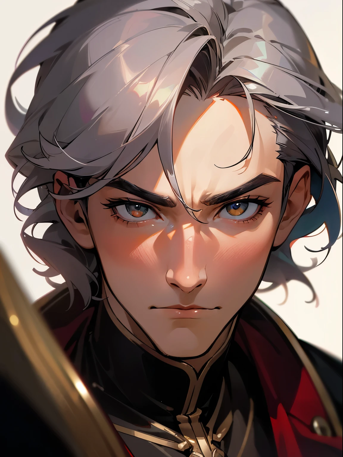 (best quality,4k,8k,highres,masterpiece:1.2),adult,man,beautiful face,handsome man,pearlescent skin,20-year-old man,portrait,photorealistic,masculine features,sharp focus,studio lighting,wisdom,strength,character,confidence,expression,age,experience,sophistication,distinguished,masculine charm,wisdom in the eyes,lines of wisdom,silver fox demeanor,dignified presence,dimensions,texture,subtle details,dark red hair,silver stubble,wrinkles with character,deep-set eyes,vivid colors,subdued lighting,subtle color tone,contrasting shadows,reflections in the eyes,expression lines with depth.