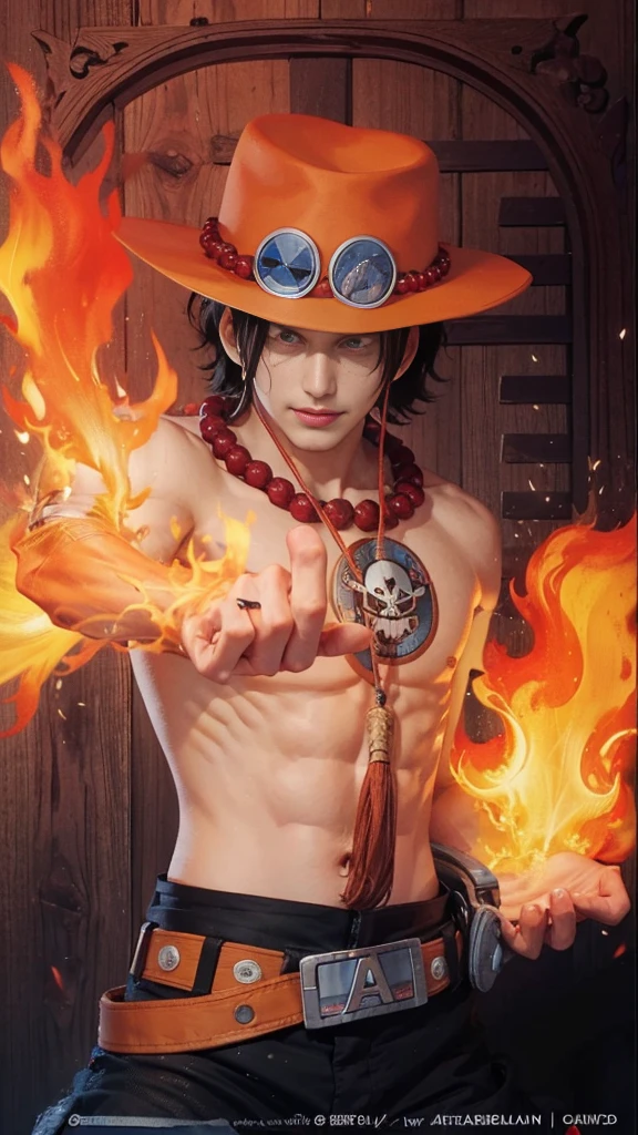 1man, ace in anime one piece, short hair , black hair, black eyes, handsome, smile, fire background, ultra detail, realistic