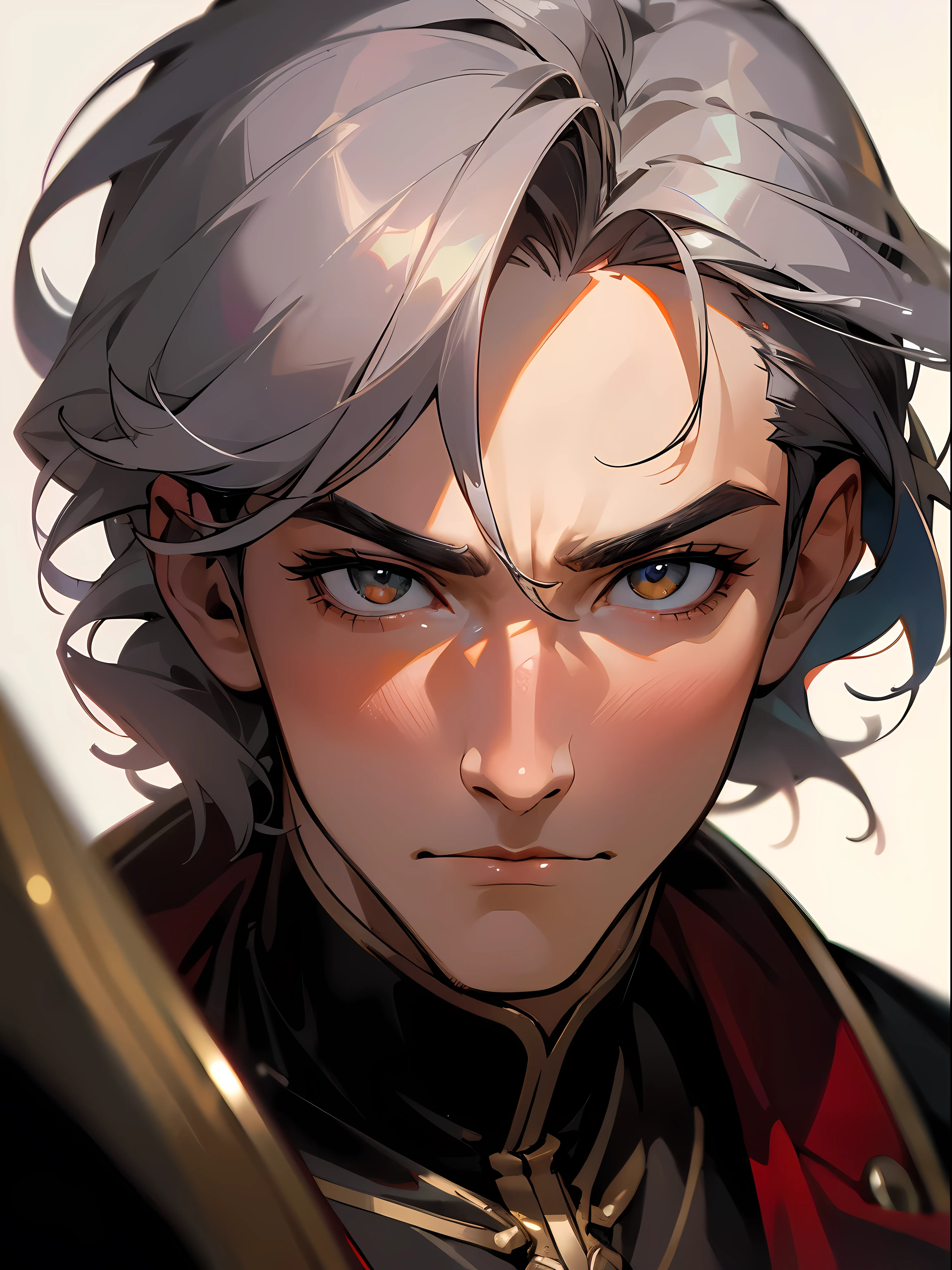 (Best quality,4K,8 k,A high resolution,masterpiece:1.2),adult,man,Beautiful face,handsome man,pearl skin,20-year-old man,portrait,photorealistic,masculine traits,Sharp Focus,studio lighting,wisdom,strength,nature,confidence,expression,Age,experience,sophistication,outstanding,male charm,wisdom in the eyes,lines of wisdom,silver fox behavior,dignified presence,dimensions,texture,fine details,dark red hair,silver bristles,wrinkles with nature,deep-set eyes,bright colors,dim lighting,delicate color tone,contrasting shadows,reflections in the eyes,expression lines with depth.