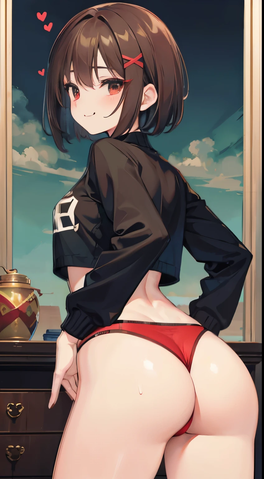 X-rated,Under the legend,Chara,age girl,Red-eyed,Smile,Sexy,green,Chest leak,short crop top,hot pant,Stalling's gull body standing painting,posture,with short brown haice turned red,Underwear model,lust,Hand repair,detail, clothing,HD,no underwares, television show,Upturned buttocks,stick out your tongue,Playful,love heart,Buttocks close up,sweat,back view,big ass