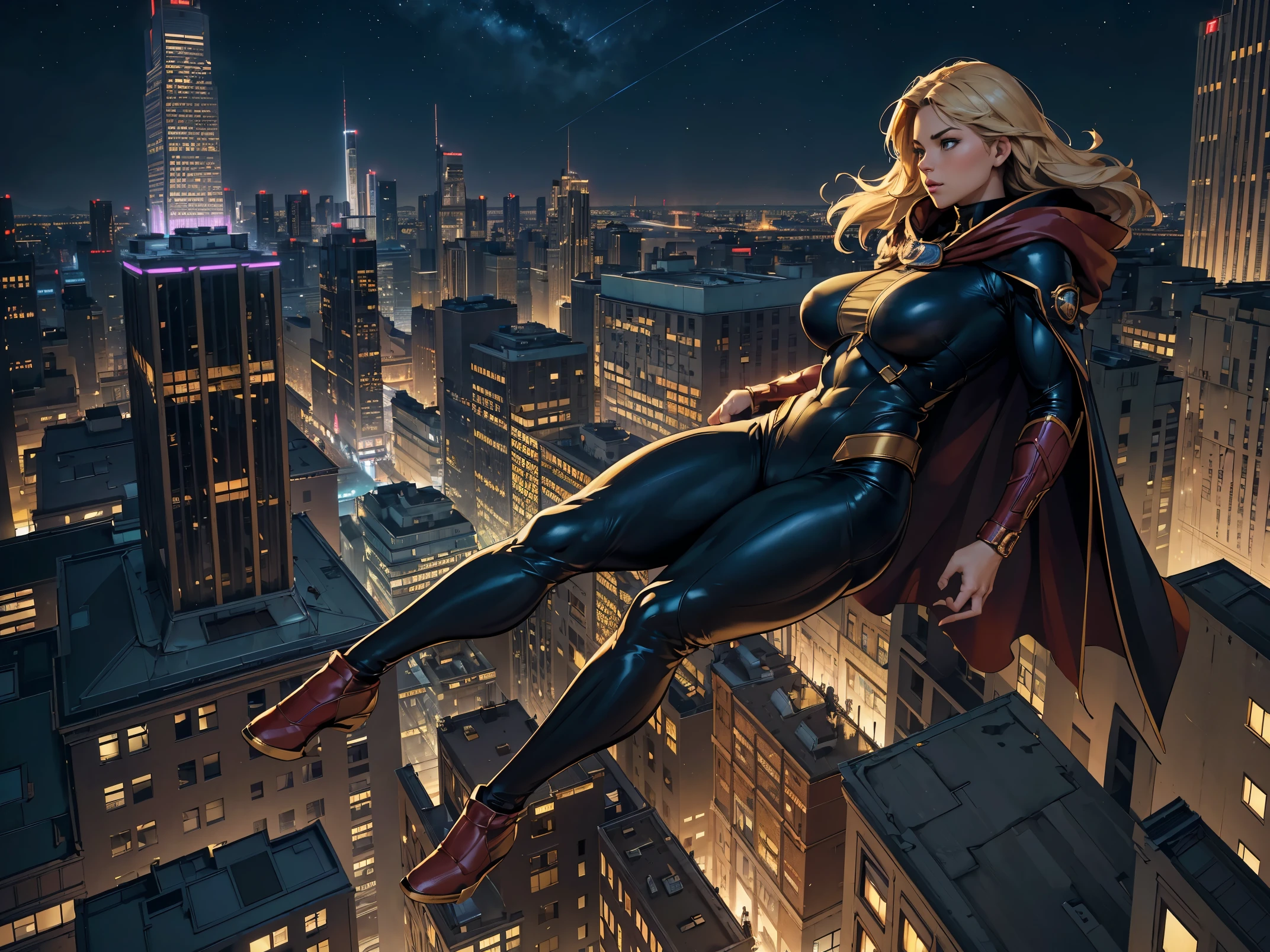 ((masterpiece,highest quality,8K,Super detailed,high resolution,High resolution)),(1 girl),(Heroine wearing an American comic style body suit:1.3),(wearing a cloak:1.3),whole body, floating softly in the air, (floating higher than the building:1.5),(From above),(The background is a city of skyscrapers at night seen from above.:1.5),looking at me,(big breasts:1.1),Thick thighs 1.1),(muscular:1.1),(Flying Pose:1.5)
