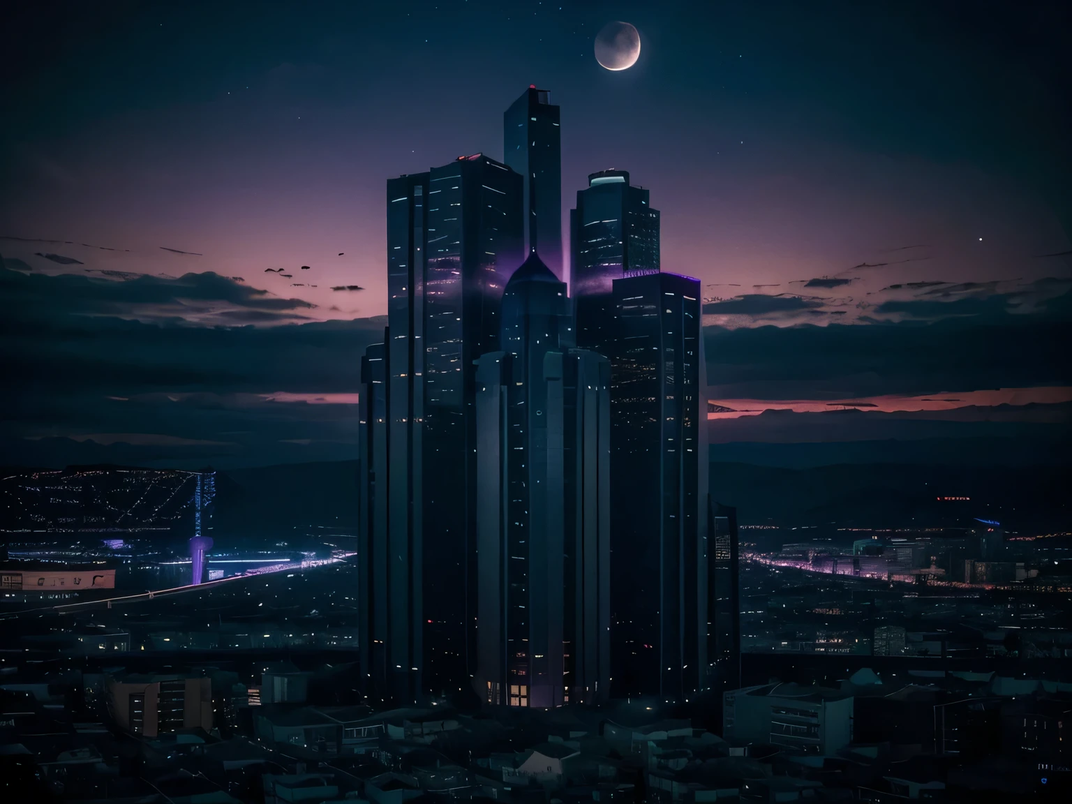 A city suspended between day and night, with the sky painted in surreal hues of deep purples and blues. Buildings appear as silhouettes against the mesmerizing twilight, and distant stars begin to emerge. fantastic realism, dark colors, dark light, award-winning cinematic horror image, award-winning horror film, the best horror photo ever made, authentic dark photography 8K
