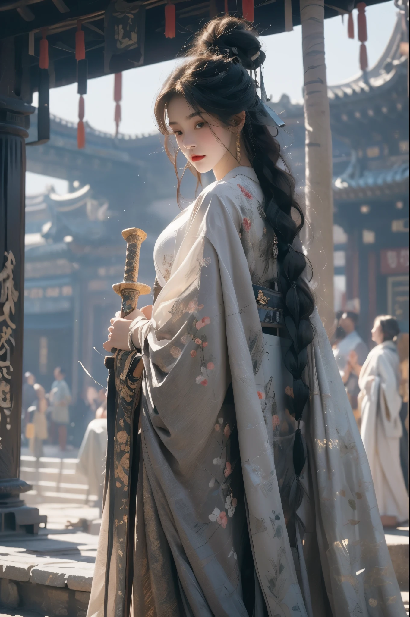 Best Quality, Masterpiece, Ultra High Resolution, (Realisticity:1.4), Original Photo, Cinematic Lighting, 1 girl, 20-year-old, solo, stand up straight to reveal your long thighs, medium breasts, (Girl holding a sword: 1.2), (Hanfu), (white clothes), black hair, bun, (tired up short braids), fair skin, full body, midjourney portrait, ancient east Asia architecture, china dress, ross-draws, global illumination, radiant light, detailed and intricate environment