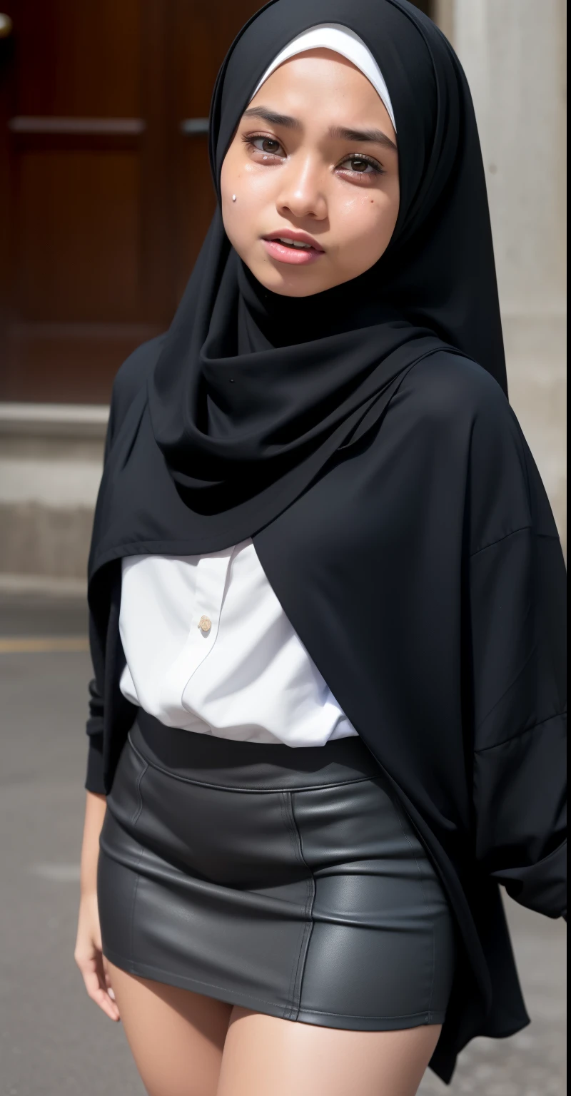 ((HIJAB MALAY GIRL)), ((masutepiece, Best Quality, hight resolution, nffsw, Perfect Pixel, 4K, nffsw, nffsw))), (The wind flipped my tigh mini skirt and exposed my butt), Dark skin girl, Flat Chest & wide butts, Show it my flat chest, The reaction of the face that is crying and dripping tears