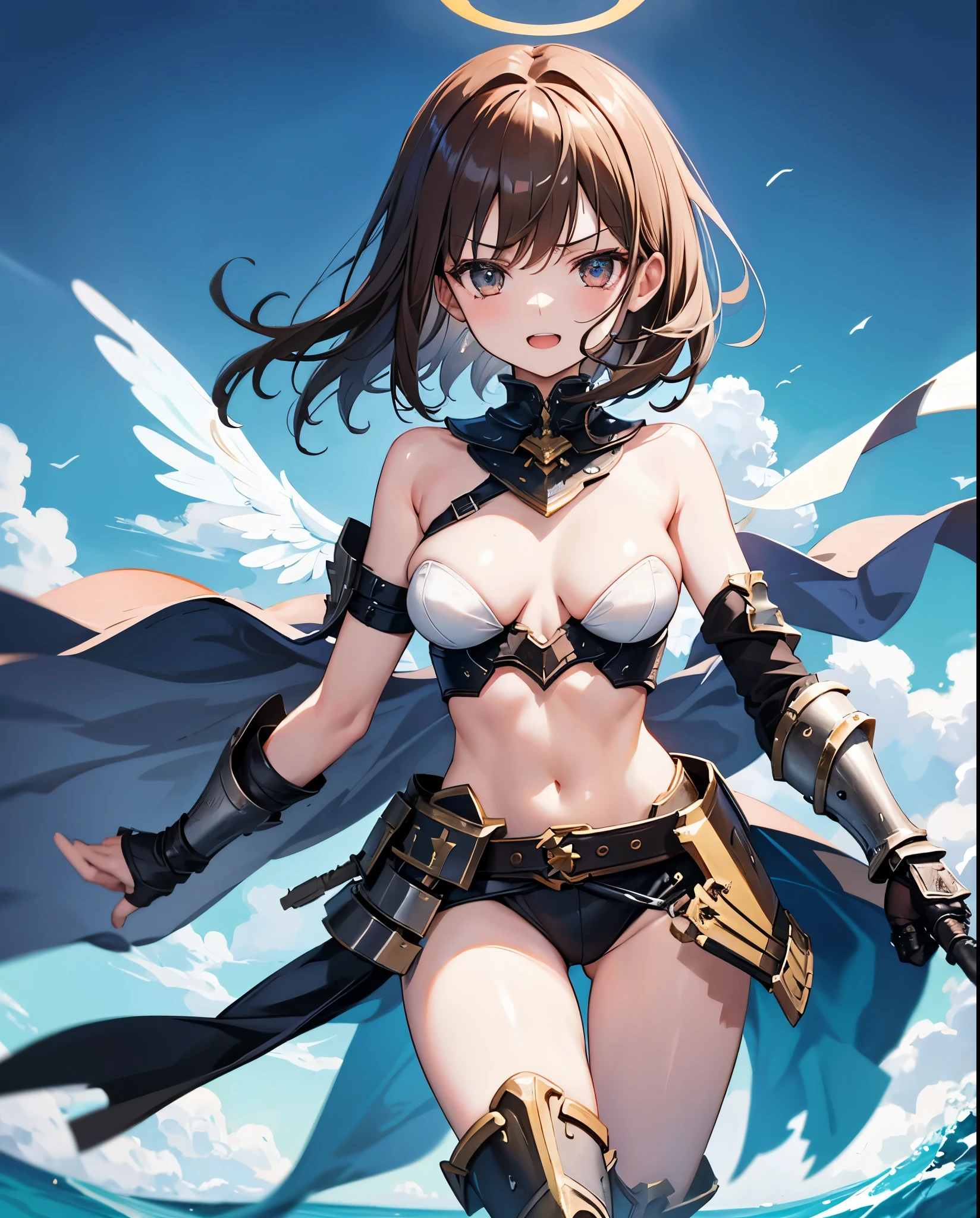 fantasy, 1angel_girl,child, loli,brown_hair, medium_bob_hair, long_bangs, halo,bare_shoulder,thighhighs,silver_armor, waist_armor, large_breasts,angry,grinning,open_mouth_teeth, 1pair_wings, dynamic_pose_fighting,floating, bare_crotch, headgear,gauntlet, greaves,ocean_sky_background,slightly_spread_legs, solo, groin_naked,