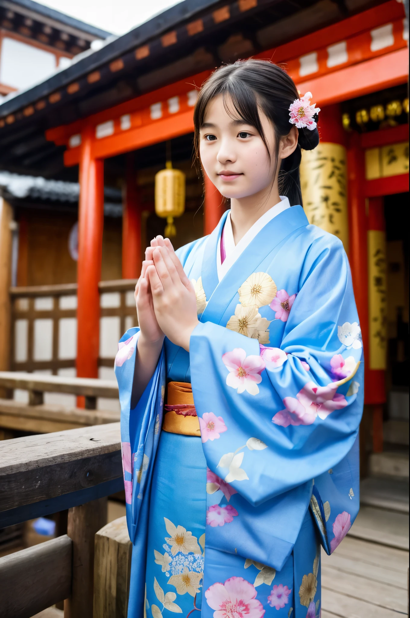 photoreal, 8k, full body portrait, Beautiful woman, attractive look, Clear system, short hair, 14 years old, Tokyo city, winter, Noh theater in the background,Excessive exposure.baby face.upward glance，leaning forward、I&#39;m holding my chest close to my chest、japanese girl、pigtails