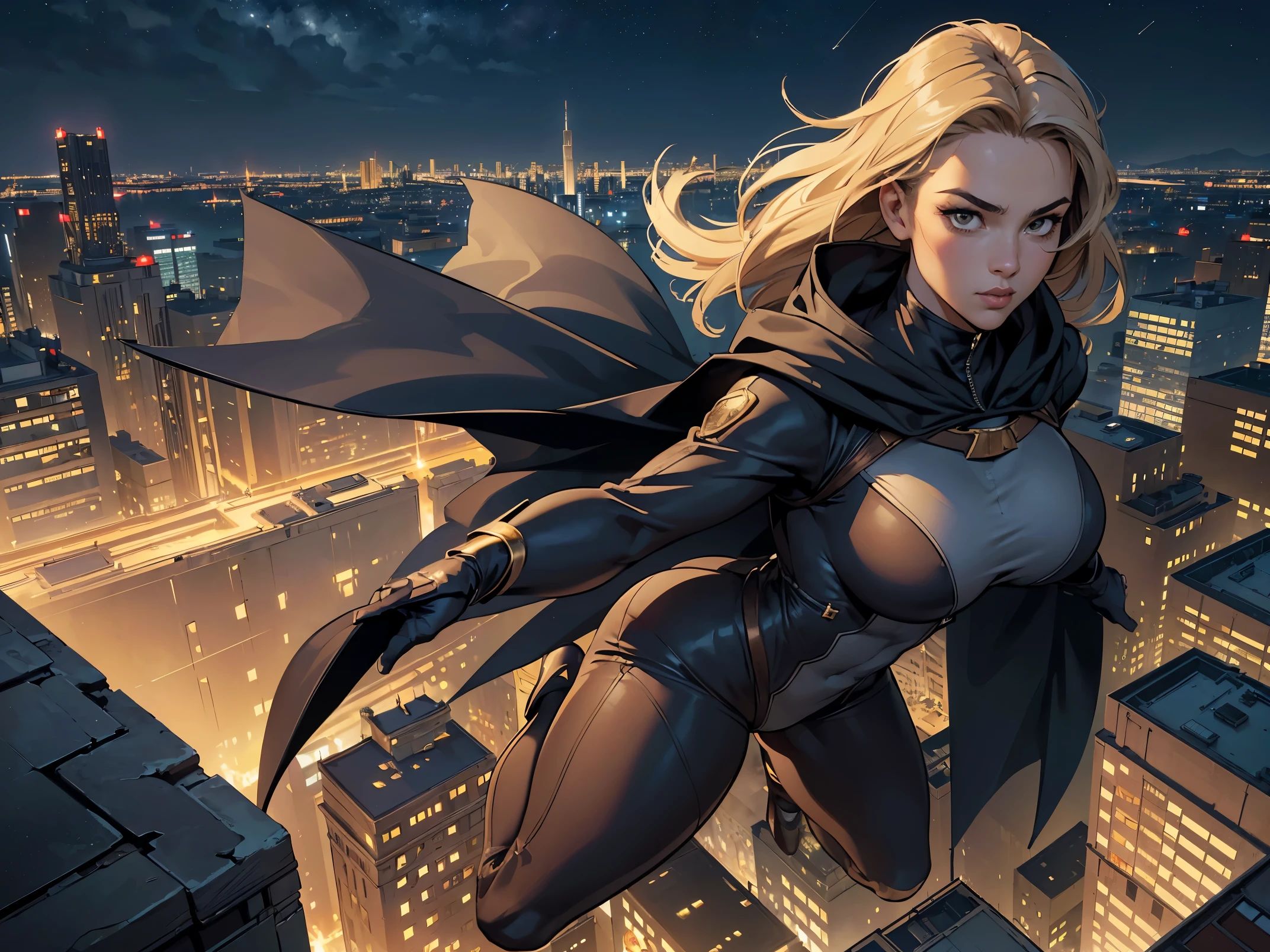 ((masterpiece,highest quality,8K,Super detailed,high resolution,High resolution)),(1 girl),(Heroine wearing an American comic style body suit:1.3),(wearing a cloak:1.3),whole body, floating softly in the air, (floating higher than the building:1.5),(From above),(The background is a city of skyscrapers at night seen from above.:1.5),looking at me,(big :1.1),Thick thighs 1.1),(muscular:1.1),(Flying Pose:1.5),(Detailed face drawing:1.2)