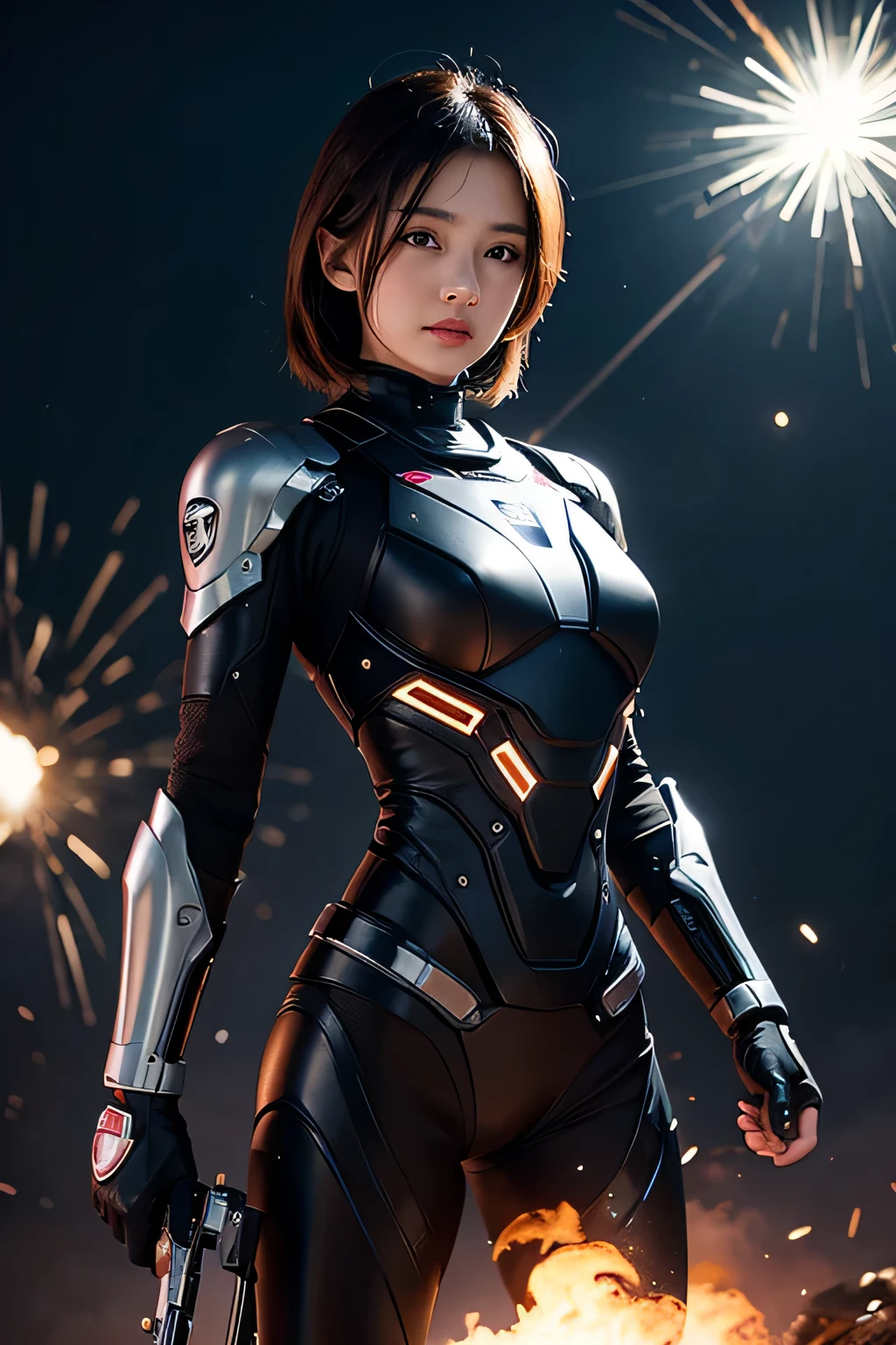 Female RoboCop, full view. explosion background. gun, black hair,