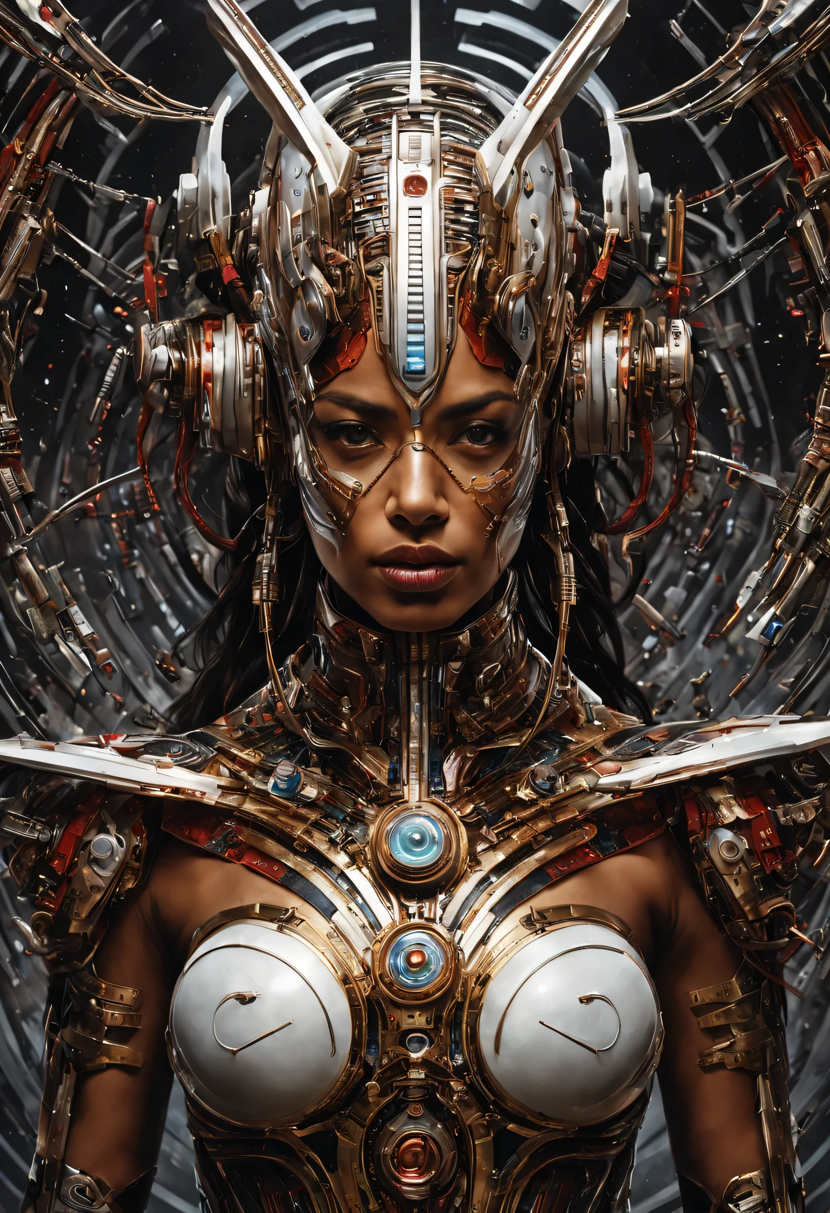 Futuristic native futurism,Actress Priyanka Chopra plays the high-level cybernetic cyborg, big breasts, the Japanese goddess of war, sensuality,Artistic details,Cyberpunk Hindu mythology,Epic science fiction fantasy, Centered,In the style of Nick Alm's fantasy futuristic fantasy works, Dark prism, Dark, Metal composition, symmetrical arrangements, Iridescent metallic , distinctive noses, Ethereal,Blood splattered multicolored, eye-catching metallic compositions, Symmetrical geometry, distinctive noses, gothic references, With bold lines and black stripes,White,Red, Gold and silver, Fantasy science fiction art, a detailed painting, ,Alex Alemanni merges with Carol Barker