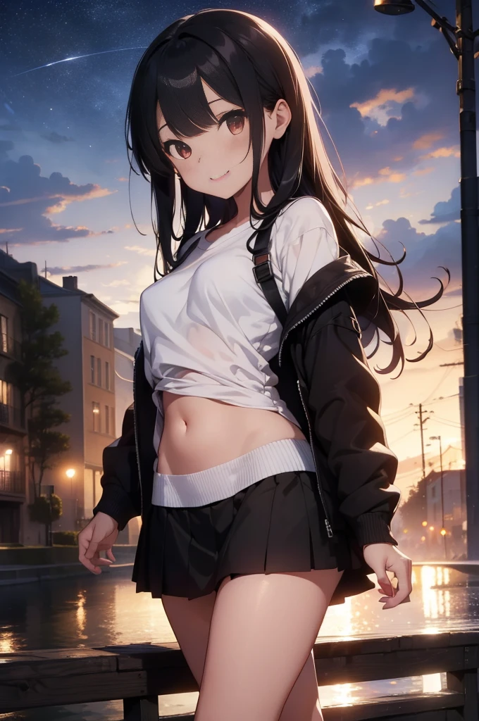 (masterpiece), (best quality), (4k resolution), (anatomy; perfect), 1 girl, fair skin, red eyes, black hair), detailed eyes, perfect face, (locks, bangs), loose hair, (light effects in hair), eyebrow, nose, ear, tight mouth, smiling, sweatshirt, short skirt, tightig chest), (perfect belly), (perfect waist), Beautiful and perfect legs, standing, background scenery, in the park, new year, beautiful night, night lighting, looking at viewer