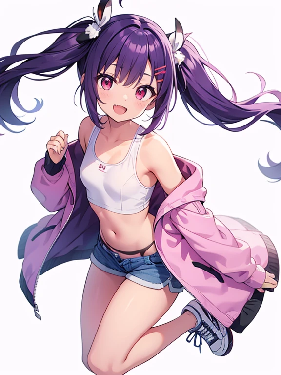 masterpiece,best quality,ultra detailed1girl, solo, looking at viewer, smile, open mouth, hair ornament, red eyes, ribbon, navel, jacket, full body, purple hair, :d, small breasts, shoes, shorts, hairclip, fang, off shoulder, short shorts, v, tan, sneakers, (tanlines), shoes, bare shoulders, jacket, shirt,dolphin shorts, white shirt,skin fang,(((short twintails))),((((messy hair)))),((mdssy twintails)
