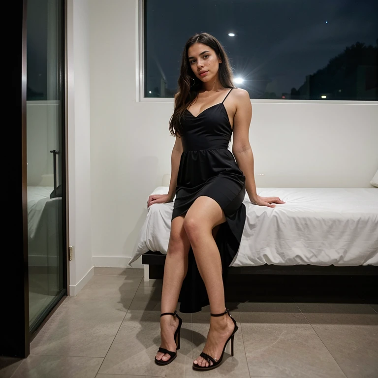 A beautiful young Brazilian woman, with the (extremely pale skin:1).wearing a black dress. standing, in a large room, with a bed with pink sheets, window overlooking the pool, Full body photo, 4k, high quality,