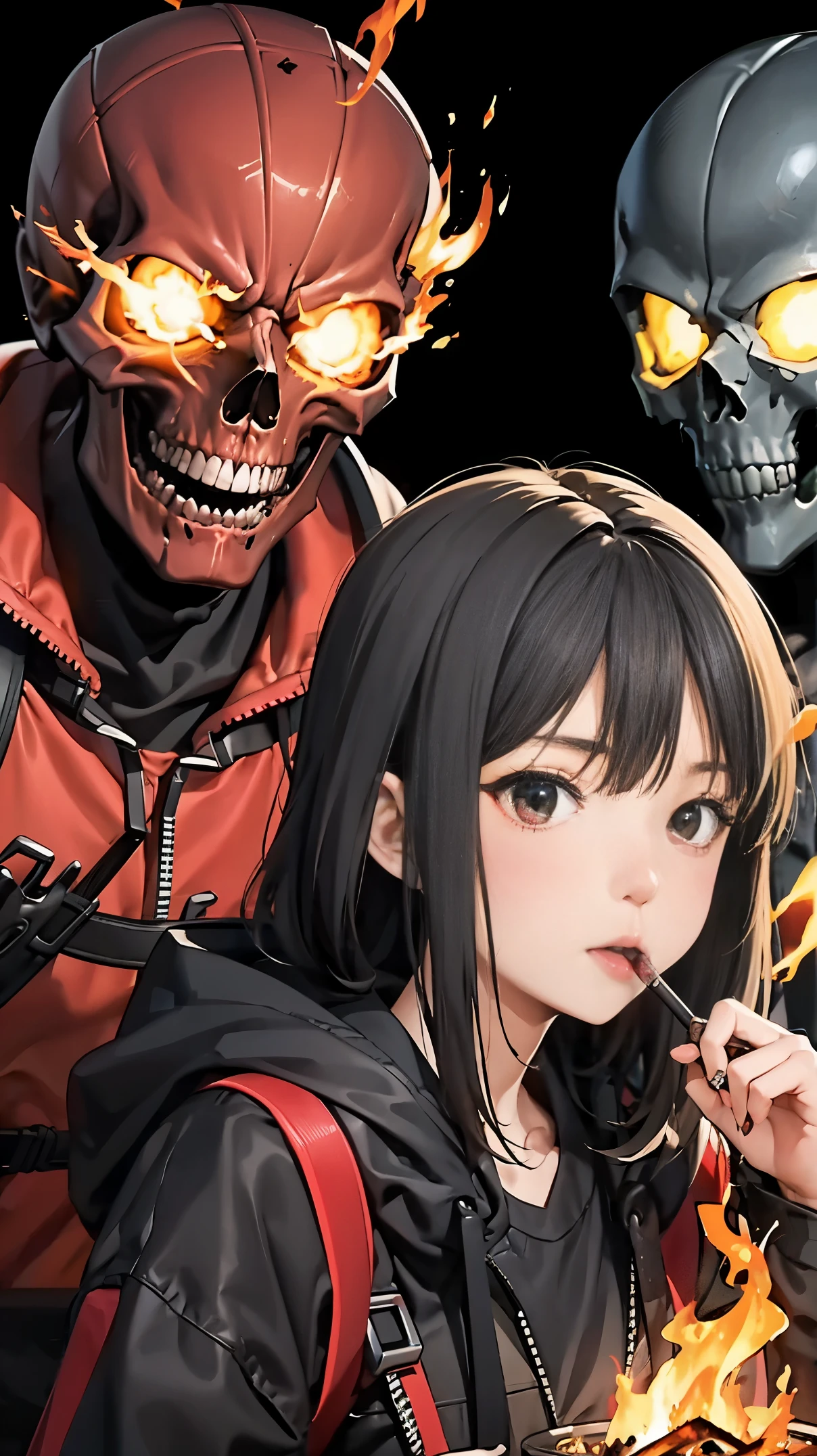 Skull 女の子1人、skull reaper、skull reapers eating fire、fire、stonelave smoke、magma、超A high resolution、