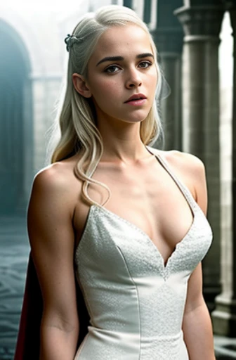 photo mid shot solo portrait of [Emma Watson] as [daenerys targaryen] as a real-life version of (daenerys targaryen), white targaryen hair, with (sexy white dress), (sexy neckline), charming smile, by Hubert Robert and Alex Timmermans ultra realistic highly detailed intricate photorealistic style photography sharp focus on the eyes, cinematic lighting