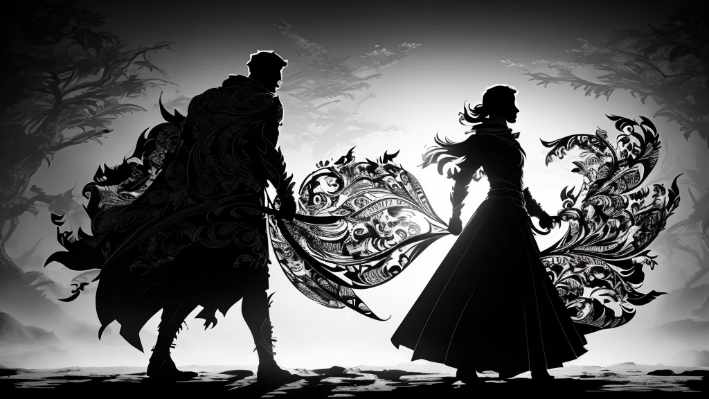 (Best Quality, 4K, 8K, High Resolution, Masterpiece: 1. 2), Ultra-detailed, creative, diverse silhouette art scenes, a variety of intricate silhouette characters, detailed scene setups, stylized characters, dynamic poses and actions, rich emotions, stark contrasts, excellent black and white compositions, impressive storyline that highlights silhouette effects; creative use of negative space; fine lines and intricate details that outline silhouettes; men; artistic interpretation of characterization and movement