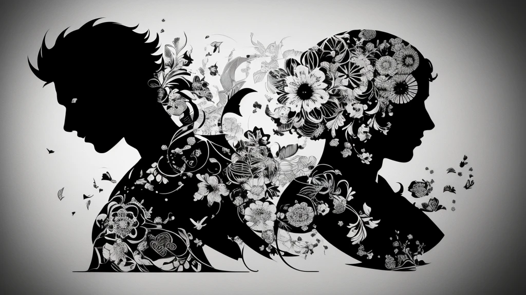 (Best Quality, 4K, 8K, High Resolution, Masterpiece: 1. 2), Ultra-detailed, creative, diverse silhouette art scenes, a variety of intricate silhouette characters, detailed scene setups, stylized characters, dynamic poses and actions, rich emotions, stark contrasts, excellent black and white compositions, impressive storyline that highlights silhouette effects; creative use of negative space; fine lines and intricate details that outline silhouettes; men; artistic interpretation of characterization and movement