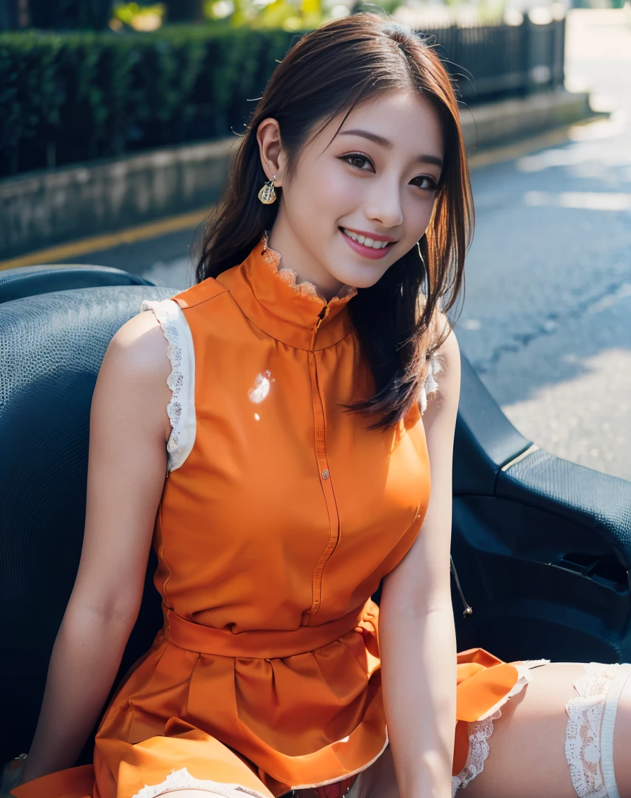 a woman posing on the Street style corner with light orange dress on, best quality, High resolution, 8K, 1 girl, (huge breasts), Day, Bright, outdoors, (Street style:0.8), (people々, people混み:1), (dress trimmed with lace:1.5, light orange clothes:1.5, orange high neck dress:1.5, sleeveless dress, orange dress: 1.5), gorgeousl, (medium hair), beautiful detailed sky, beautiful earrings, (dynamic pose:0.8), (upper body whole body:1.2), soft lighting, wind, shiny skin, looking at the viewer,Super detailed, fine detail,  perfect dynamic composition, beautiful detailed eyes,  (wear high heels), (wear stockings),((do it yourself skirt lift))), (lift it yourself), (show me your genitalsいる), (((not wearing panties))),pupil focus,((sit,spread your legs)), (((taking off panties))),show me your genitals、open your eyes、look at viewer、(((smile:1.3)))、Provocation by spreading legs and exposing female genitals, ((sit,spread your legs、spread your legs wide、spread your legs wide、Spread your genitals with your hands、I&#39;ll teach you how to masturbate.、Spread your legs and show off your genitals.,(face of sexual pleasure:1.2),(A face that feels like an orgasm:1.2),(face of sexual climax:1.3),((A large amount of bodily fluid flows out from the female genital hole..:1.2)),(((The cloudy body fluid that flowed out of the female genitals splattered and adhered to the seat surface..:1.0))),(((A large amount of cloudy body fluid flowing out from the female genitals accumulates on the seat surface..:1.0))),