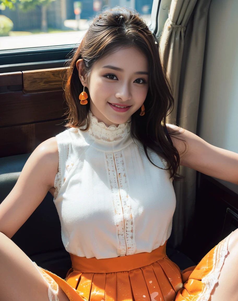 a woman posing on the Street style corner with light orange dress on, best quality, High resolution, 8K, 1 girl, (huge breasts), Day, Bright, outdoors, (Street style:0.8), (people々, people混み:1), (dress trimmed with lace:1.5, light orange clothes:1.5, orange high neck dress:1.5, sleeveless dress, orange dress: 1.5), gorgeousl, (medium hair), beautiful detailed sky, beautiful earrings, (dynamic pose:0.8), (upper body whole body:1.2), soft lighting, wind, shiny skin, looking at the viewer,Super detailed, fine detail, perfect dynamic composition, beautiful detailed eyes, (wear high heels), (wear stockings),((do it yourself skirt lift))), (lift it yourself), (show me your genitalsいる), (((not wearing panties))),pupil focus,((sit,spread your legs)), (((taking off panties))),show me your genitals、open your eyes、look at viewer、(((smile:1.3)))、Provocation by spreading legs and exposing female genitals, ((sit,spread your legs、spread your legs wide、spread your legs wide、Spread your genitals with your hands、I'll teach you how to masturbate.、Spread your legs and show off your genitals.,(face of sexual pleasure:1.2),(A face that feels like an orgasm:1.2),(face of sexual climax:1.3),((A large amount of bodily fluid flows out from the female genital hole..:1.2)),(((The cloudy body fluid that flowed out of the female genitals splattered and adhered to the seat surface..:1.0))),(((A large amount of cloudy body fluid flowing out from the female genitals accumulates on the seat surface..:1.0))),