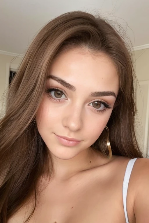 Photo d&#39;une femme brune de 20 ans, qui a un visage très naturel, Lèvres fines, Yeux fins, sourcils fins, nez mince, boucles d’oreilles, Cils longs, yeux marrons. Elle fait un selfie sexy