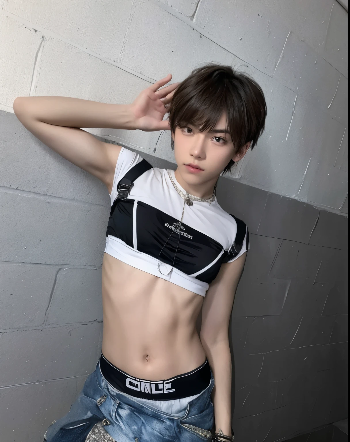 There is a boy who is posing for a photo in a room, physicist : the smallest abdomen ever seen, mirada desviada a la izquierda, He wears street clothes, con camiseta rasgada, croptop, vistiendo un top corto sexy, Recortar arriba, e-chico, E - Chico, Llevar ropa de calle cyberpunk, the smallest abdomen ever seen, T-top, androgynous