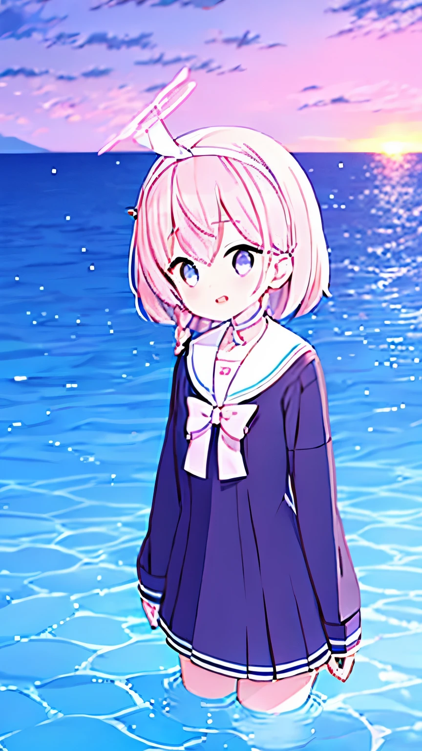 (BAPV, pink theme), Girl, (1Girl, One,) Arona, 1Girl, white hairband, bow headband for hair, Halo, Short hair, single braid, horizon, whole body, Beautiful sky, Purple sky, Wading, ocean, I look at the viewer, back light,  warm smile, close-up, 
school uniform, blue shirt, White Sailor Collar, Long arm, choker-бабочка, choker