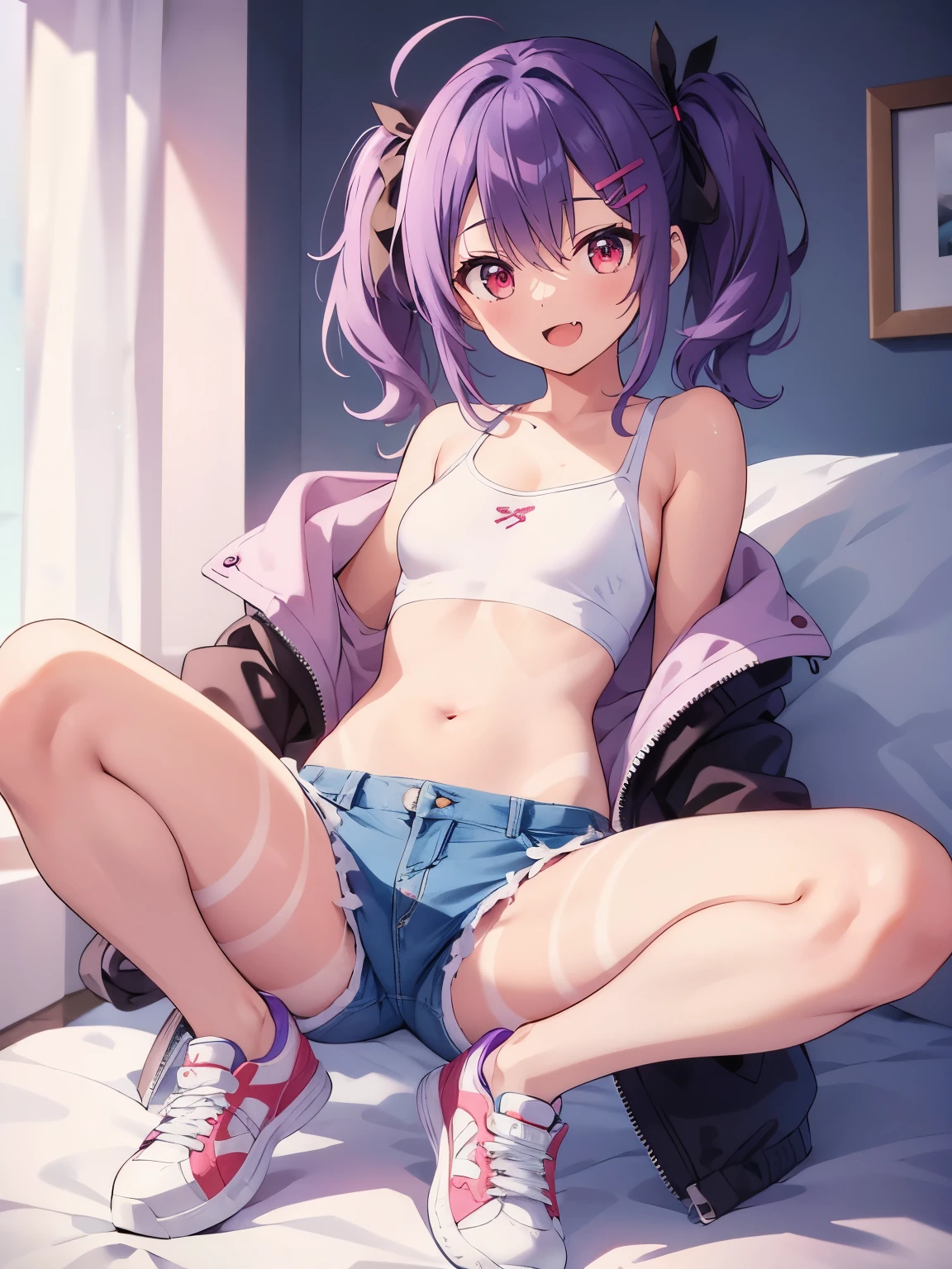 masterpiece,best quality,ultra detailed1girl, solo, looking at viewer, smile, open mouth, hair ornament, red eyes, ribbon, navel, jacket, full body, purple hair, :d, small breasts, shoes, shorts, hairclip, fang, off shoulder, short shorts, v, tan, sneakers, (tanlines), shoes, bare shoulders, jacket, shirt,dolphin shorts, white shirt,skin fang,(((short twintails))),((((messy hair)))),((mdssy twintails)