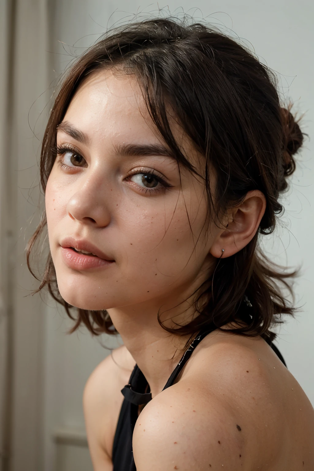 ((best quality)), ((masterpiece)), (detailed), perfect face, 
latin girl, black eyes and bushy eyebrows,Upturned nose,Mole under the right eye,black hair, short shoulder-length, fair skin,Loose hair, No moles on the neck,seductively detailed hair, juicy lips, detailed face and lips

