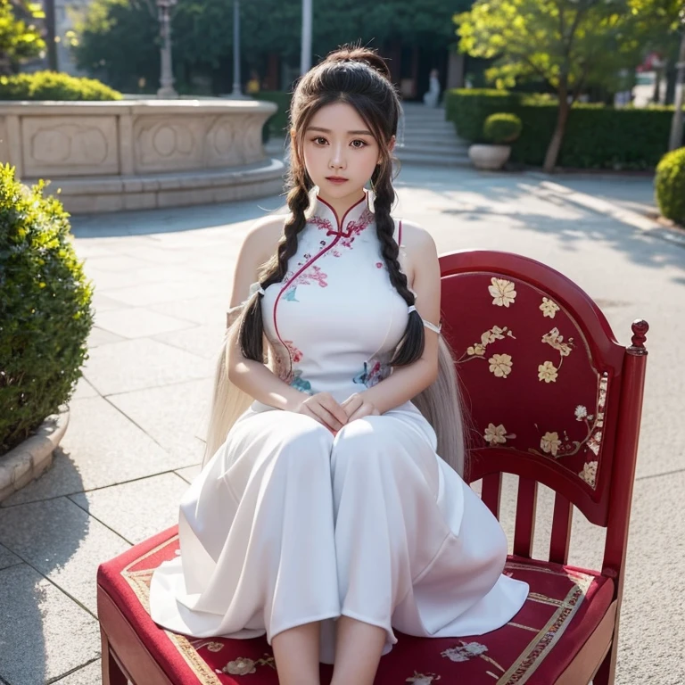 A beautiful 15 years old empress with a slightly mature figure sitting on a chair, her long white hair tied into braids, she's wearing a cheongsam dress that could barely hide her curvaceous figure. Full body view