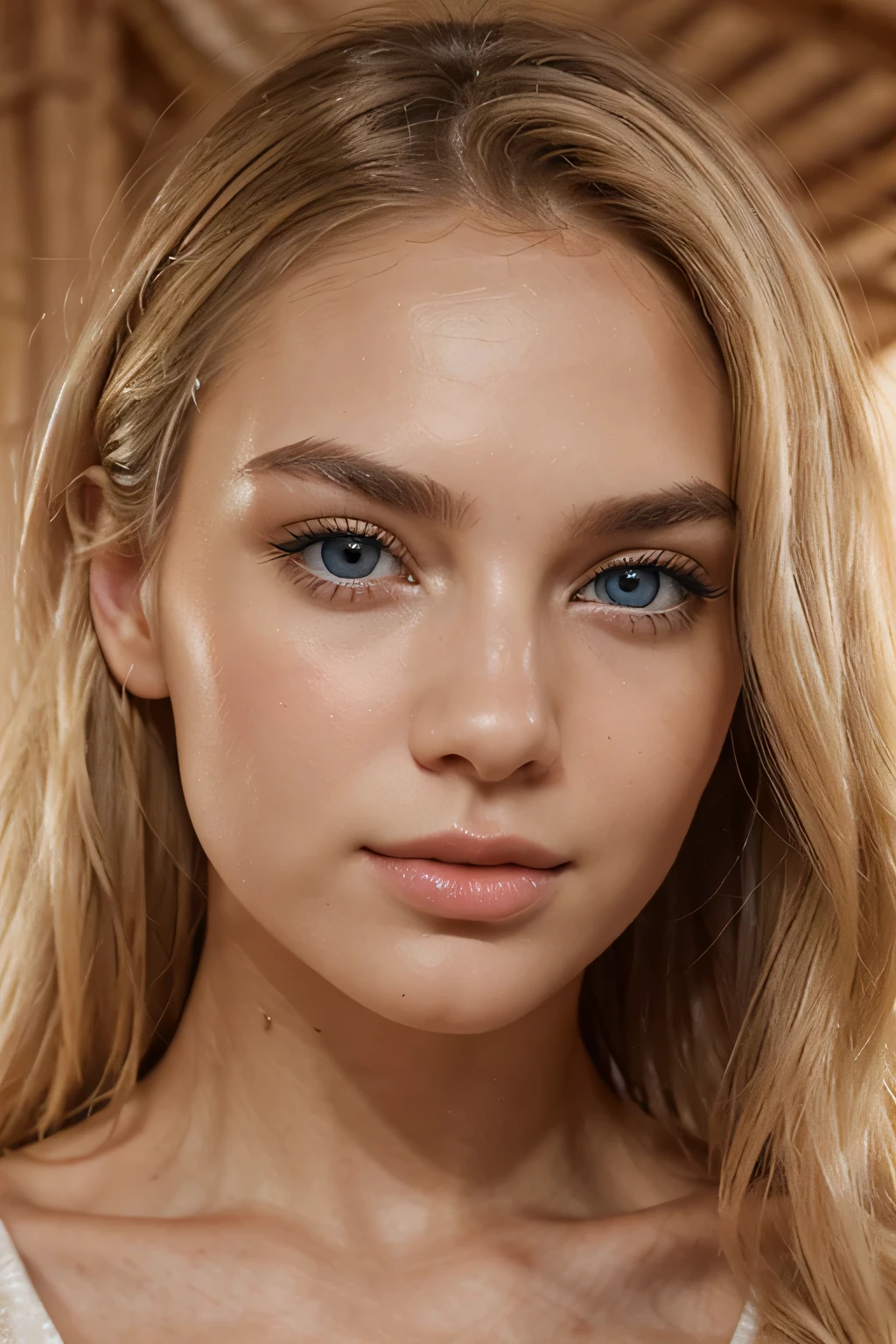 Create an image of a Slavic blonde woman with distinct facial features. Emphasize her clear, piercing blue eyes, framed by well-defined eyebrows. Sculpt a straight, well-proportioned nose above a pair of rosy, naturally-shaped lips. Capture her fair complexion with a hint of a sun-kissed glow. Depict the blonde hair falling gracefully around her face, framing her features with a touch of soft waves. Keep the expression subtle, conveying a blend of elegance and confidence in her demeanor.