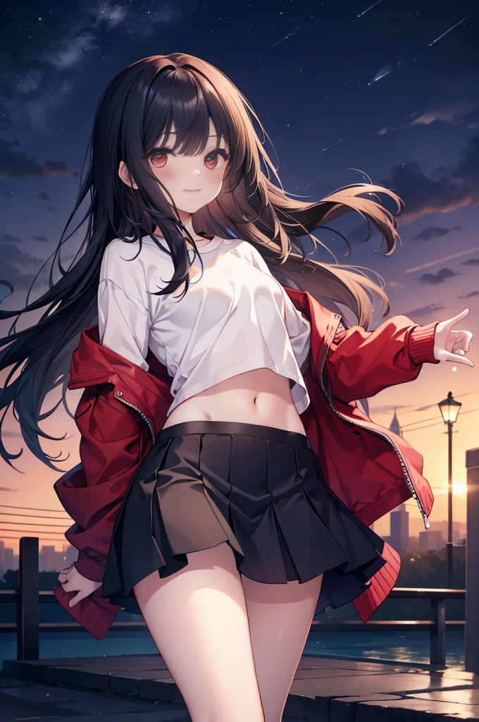 (masterpiece), (best quality), (4k resolution), (anatomy; perfect), 1  girl, fair skin, red eyes, black hair), (locks, bangs), loose hair, (light effects in hair), eyebrow, nose, ear, tight mouth, smiling, sweatshirt, short skirt, tightig chest), (perfect belly), (perfect waist), Beautiful and perfect legs, standing, background scenery, in the park, new year, beautiful night, night lighting, looking at viewer