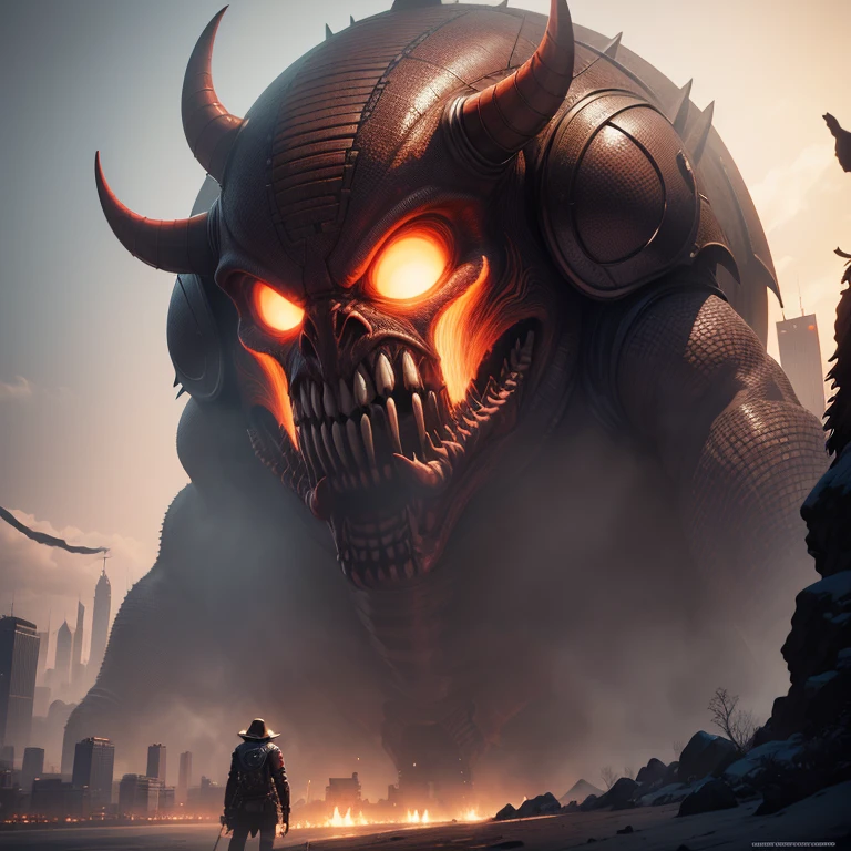 a close up of a large demonic looking creature in front of a city, iron maiden, dan mumford tom bagshaw, dan mumford. maya render, ( ( ( ( ( dan mumford ) ) ) ) ), maiden, fractal thunder dan mumford, iron maiden album cover, heavy metal art style, dan mumford. octane render, just art for dark metal music, heavy metal artwork