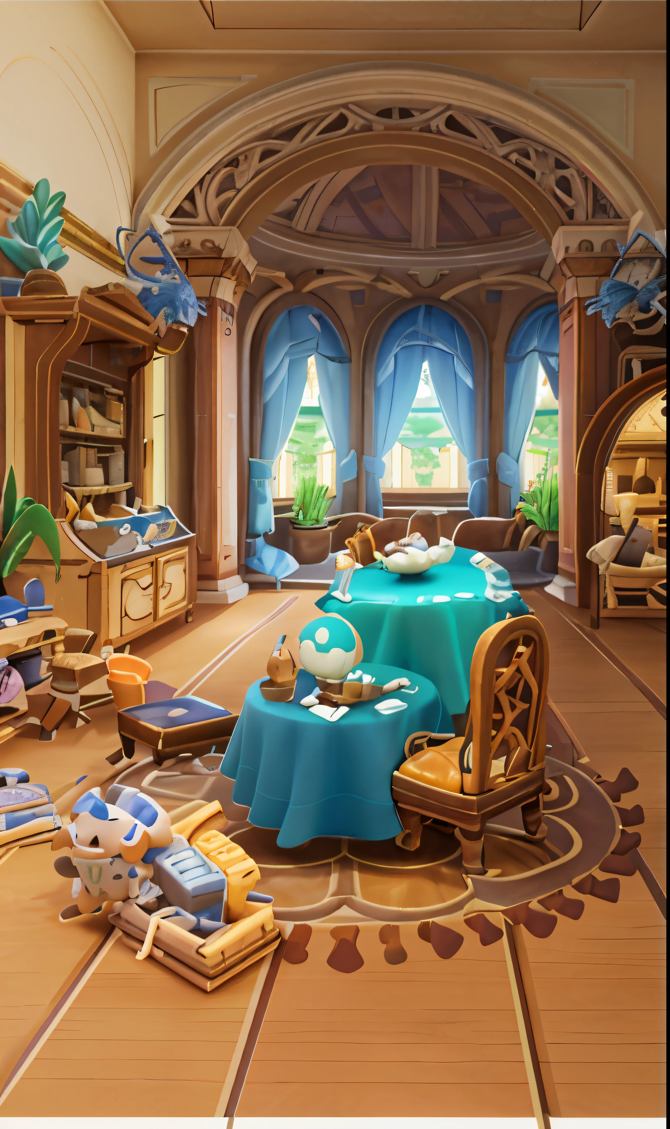 3D model,architecture de jeu,cartoon style, polygone, conception architecturale du jeu, fantaisie, beau restaurant, tableau, repas, fournitures de cuisine, pierre, brique, herbe, river, fleur, arbre, casual play style, creative, best detail, cartoon style, 3D, mixeur, chef-d&#39;artwork, Best quality, cartoon rendering, 8k