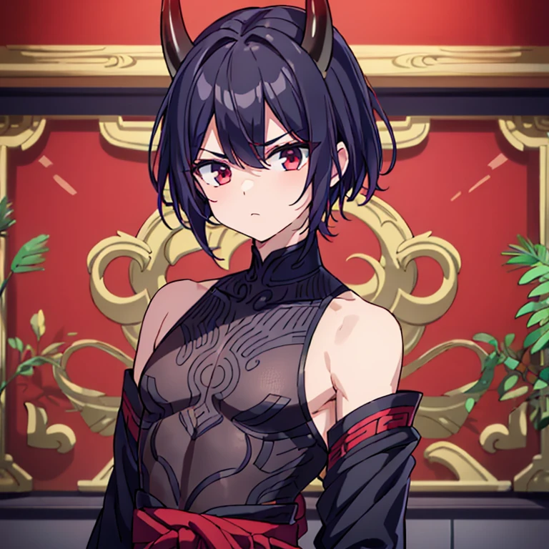 1boy((best quality)), ((masterpiece)), (detailed), perfect face1 boy;((best quality)), ((masterpiece)), (detailed), perfect face;shuten doji style; pretty face ; pretty boy, demon horns protruding out of forehead; black hair; lean physique; wearing tight sleevles shirt e; standing in front of viewer; arms are lean; black medium hair,male ; make him a male with a male chest