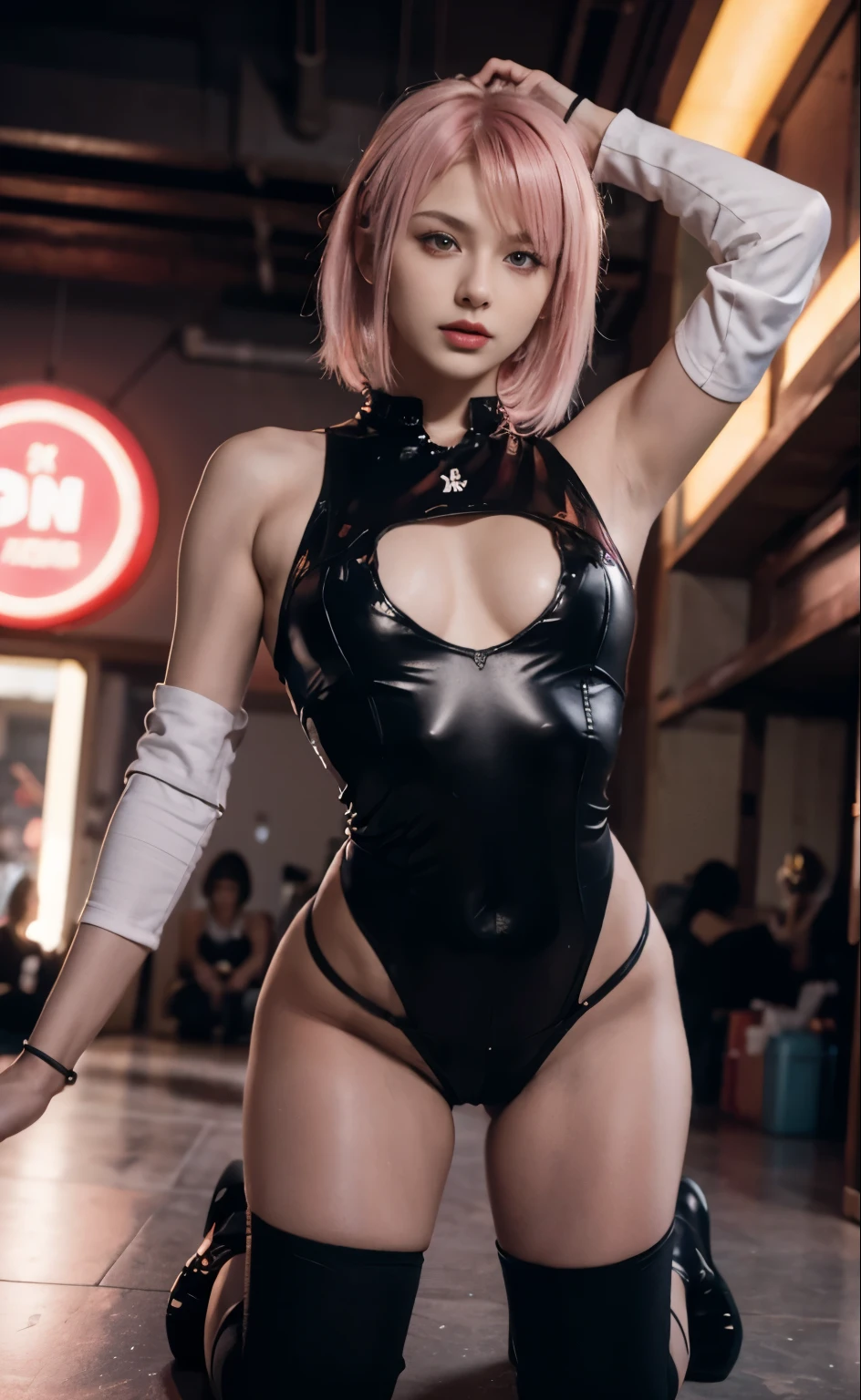 (raw photo:1.2, photorealistic, masterpiece, best quality, extremely detailed 8K, highres, 1girl, super model body, thin, tall, super model body, ultra-detailed CG, high detailed, solo, intricate details, chromatic aberration), parted bangs, (short hair, pink hair, floating hair, navel), Top quality, delicate face, 20-year-old kpop idol girl, red cyborg body, (medium chest: 1.5), skeleton of metal structure, mechanical joints, (Pafia Leola), (1.2), cyberpunk, sci-fi, shorts. Neon Street. Bodysuit. Medium tits. Raised lines. Orange hair. Short hair. Tattoo. Pink suit. Navel, parted sleeves, bare shoulders, center opening, cleavage, central breast,suspended particles. Put on the cap. Kneeling. Tattoo. Black smoke wafting around. Stick out your tongue, (allure, oval face, perfect symmetrical body), shiny skin, kneel, sexy pose, look at viewer, exposure:2.5, soft lighting body.