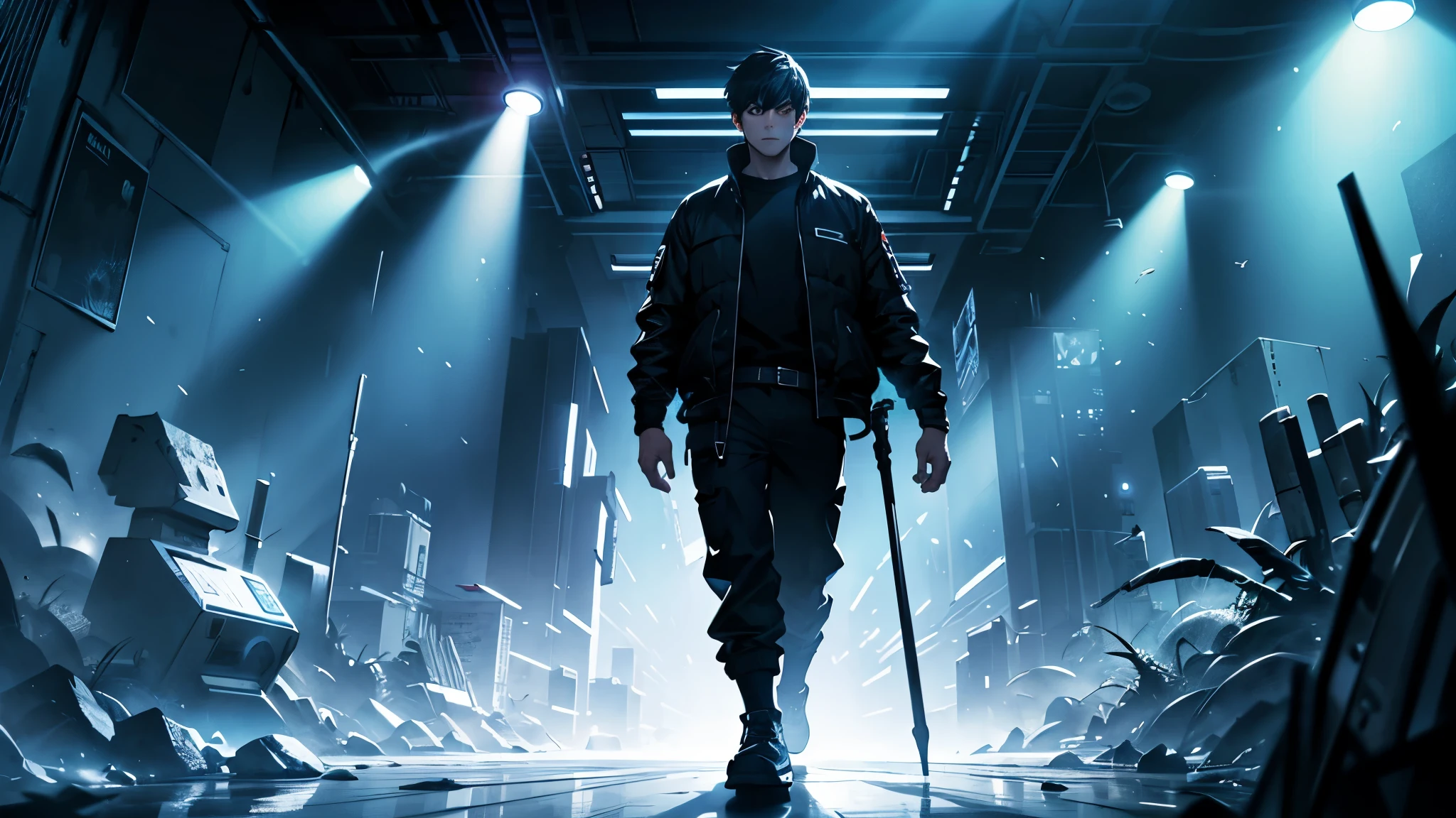 boy standing in spotlight, ultra wide, dark night(masterpiece, best quality, ultra detailed)