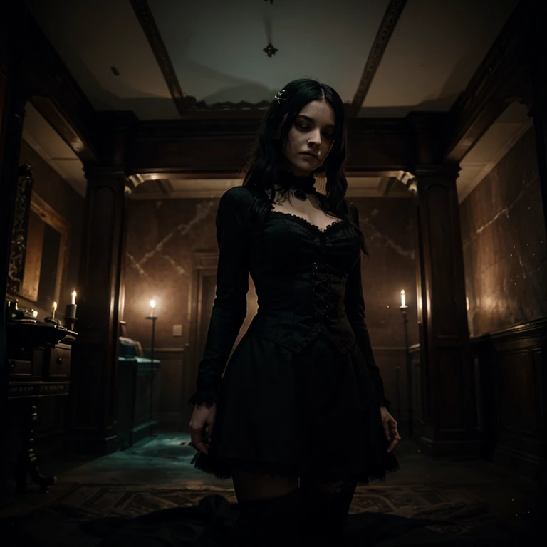 Write a short story about a gothic woman who becomes entangled in a forbidden romance with a ghostly figure haunting an old mansion.