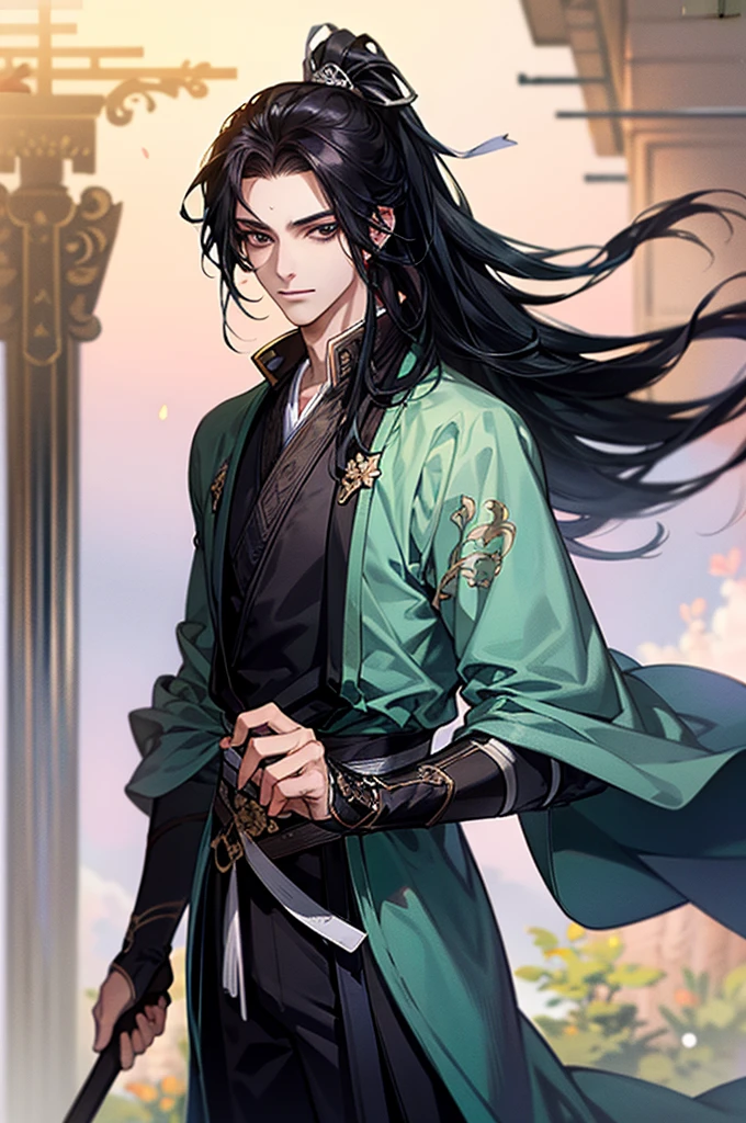 Man in black, black Hanfu, (highest quality, high resolution, clear image, outdoor, :1.2), a boy with a sword, long hair and high ponytail, night, starry sky,