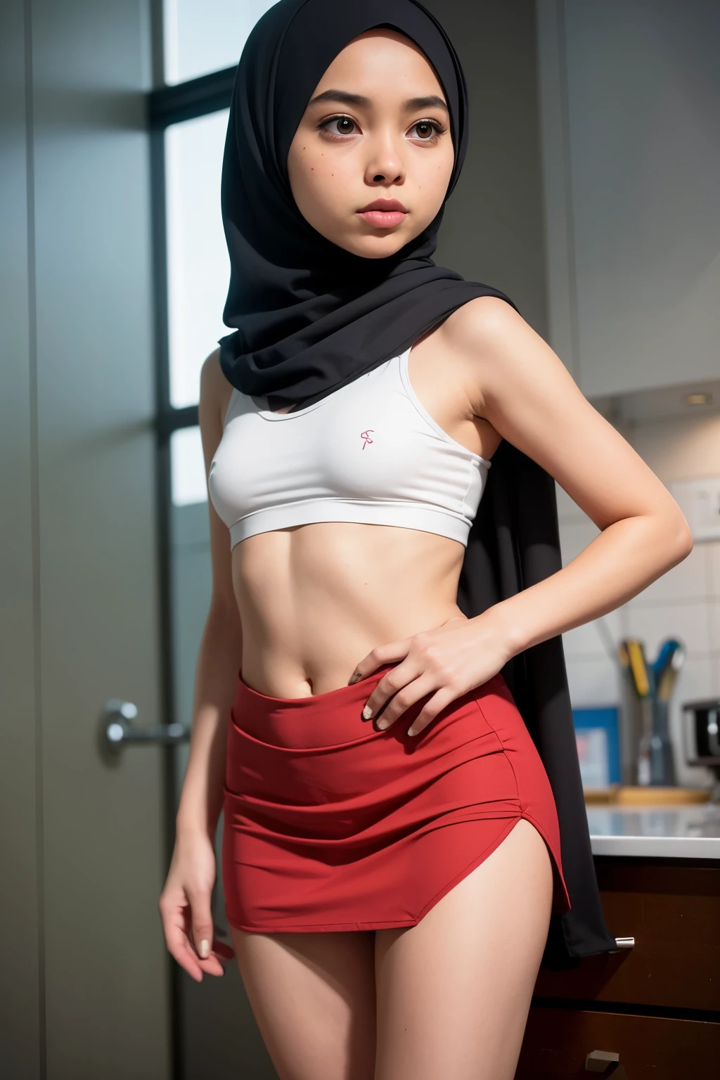 ((HIJAB MALAY GIRL)), ((masutepiece, Best Quality, hight resolution, nffsw, Perfect Pixel,  4K, nffsw, nffsw))), (The wind flipped my tigh mini skirt and exposed my butt), Dark skin 10 years old little girl, Flat Chest & wide butts, Show it my flat chest, very very skinny hijab little girl & flat chest