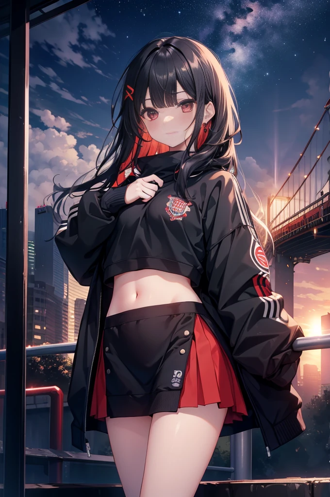 (masterpiece), (best quality), (4k resolution), (anatomy; perfect), 1  girl, fair skin, red eyes, black hair), (locks, bangs), loose hair, (light effects in hair), eyebrow, nose, ear, tight mouth, smiling, sweatshirt, short skirt, tightig chest), (perfect belly), (perfect waist), Beautiful and perfect legs, standing, background scenery, in the park, new year, beautiful night, night lighting, looking at viewer